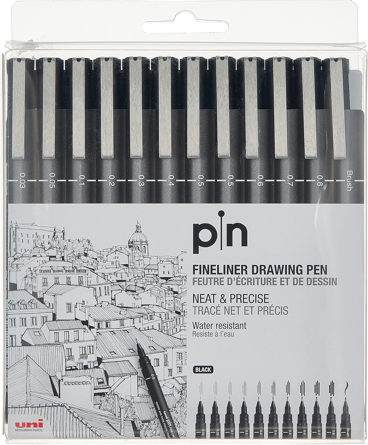UNI PIN FINELINER DRAWING PEN SET 12 BLACK