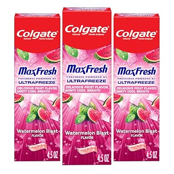 Colgate Max Fresh Anticavity Fluoride Toothpaste with Breath Strips, 3 Pack, Watermelon Blast with Mint, Fresh Breath Toothpaste Pack, Helps Fight Cavities and Freshens Breath, 4.5 Oz