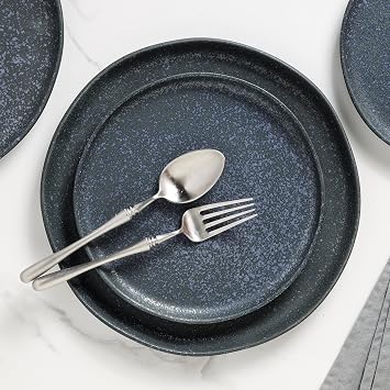Stone Lain Tom Stoneware 16-Piece Reactive Glaze Dinnerware Set, Plates and Bowls Set, Microwave and Dishwasher Safe Dish Set for 4, Gray-Blue