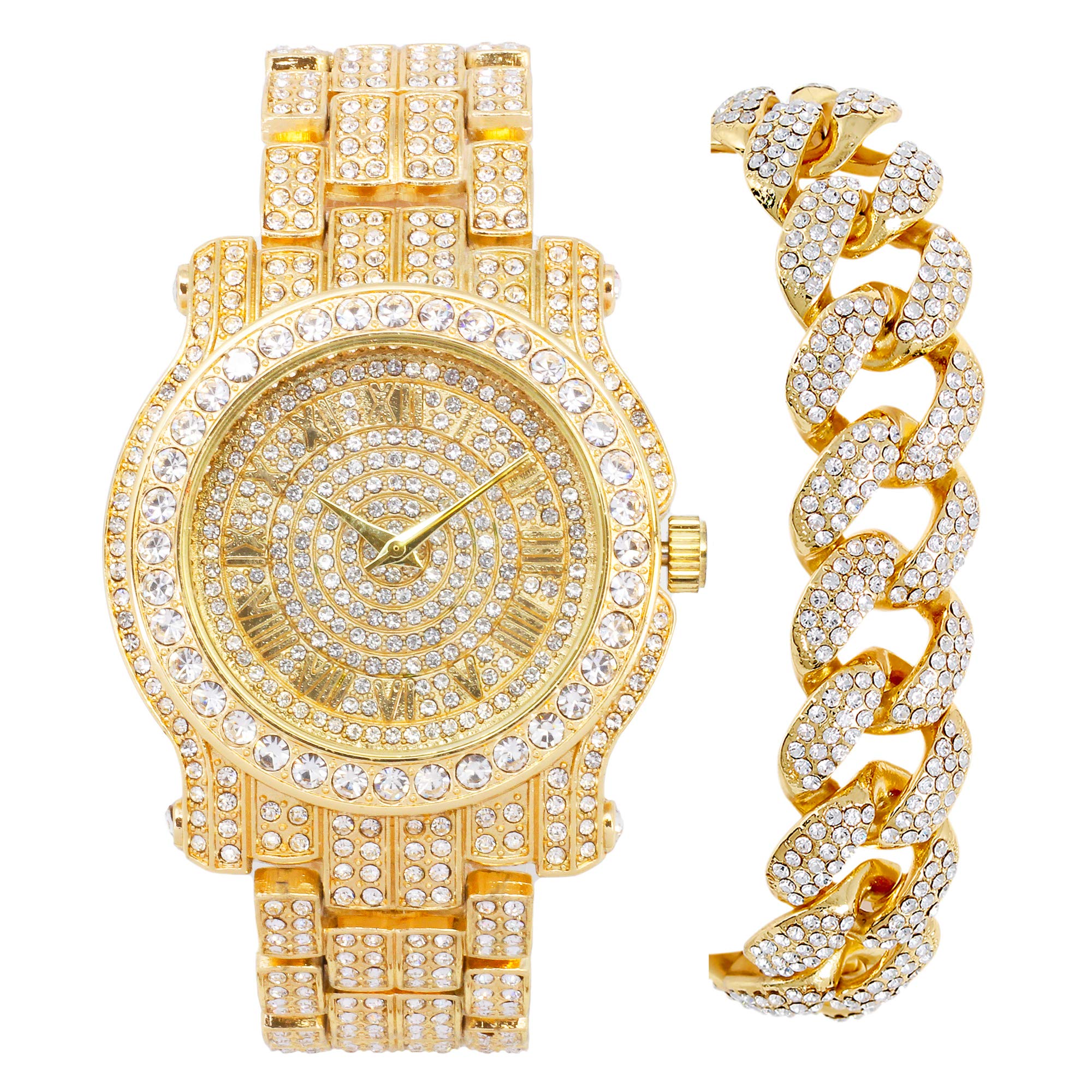Men's 45mm Iced Out Metal Band Watch in 18k Gold Tone and Silver with Simulated Lab Diamonds - Bling-ed Out Bezel and Adjustable Watch Band - Quartz Movement (Numeral and Roman Index Dials)