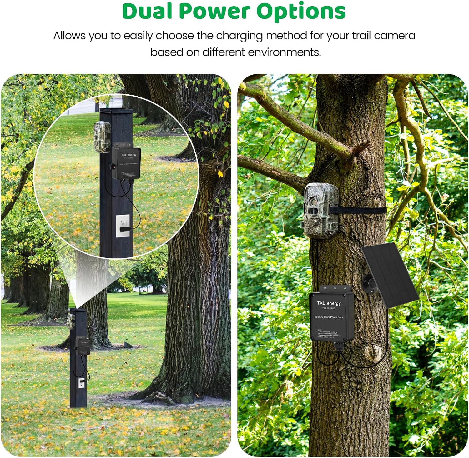 TXL Trail Camera 6V/12V Solar Auxiliary Power Pack with Durable Weather-Resistant Case and External Power Socket Charger for Stealth Hunting Cameras, 10ft Cable Included