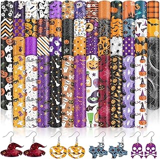 50 Pieces Halloween Faux Leather Sheets Skeleton Ghost Witch Spider Bat Cat Pumpkin Patterned Synthetic Faux Leather Sheet...