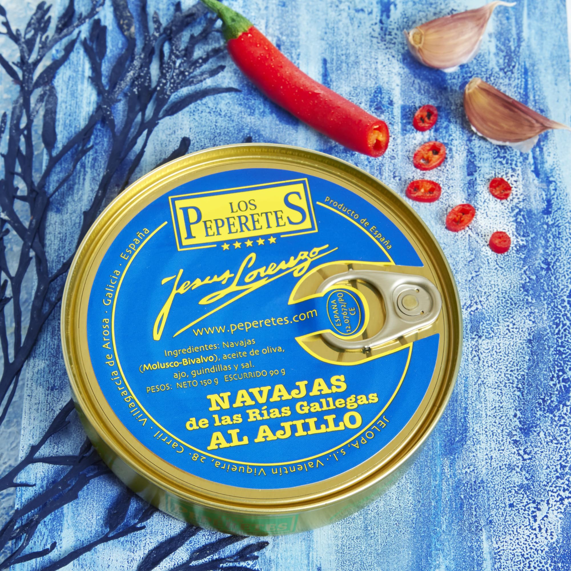 LOS PEPERETES x3 Lata Navajas al Ajillo 120 g | Marisco Gallego Gourmet | Elaboración Artesanal | Conserva Premium con Aceite de Oliva, Ajo y Guindilla | Sabor Tradicional de Galicia