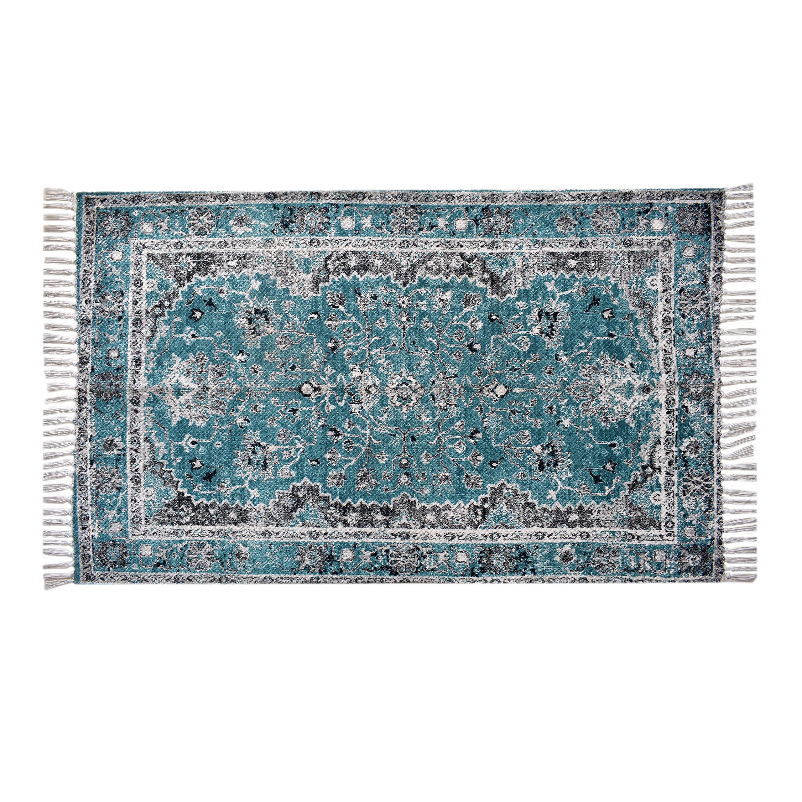 Cotton Chenille Digital Printed Area Rug for Living Room Bedroom with Tassel Rectangle 27x45 Inch Indoor Outdoor Chenille Rug Braided Handmade Carpet Recycled Rag Rug Green