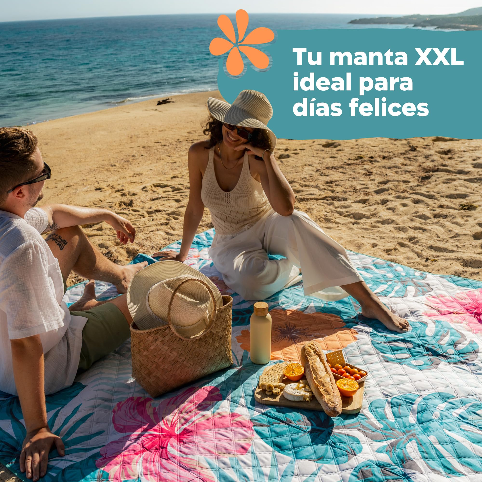 Twinzee Manta Picnic Impermeable y Lavable - Manta Impermeable 200x200 cm Portátil para Playa, Barbacoa, Pícnic - Toalla Playa Grande Antiarena - Floral
