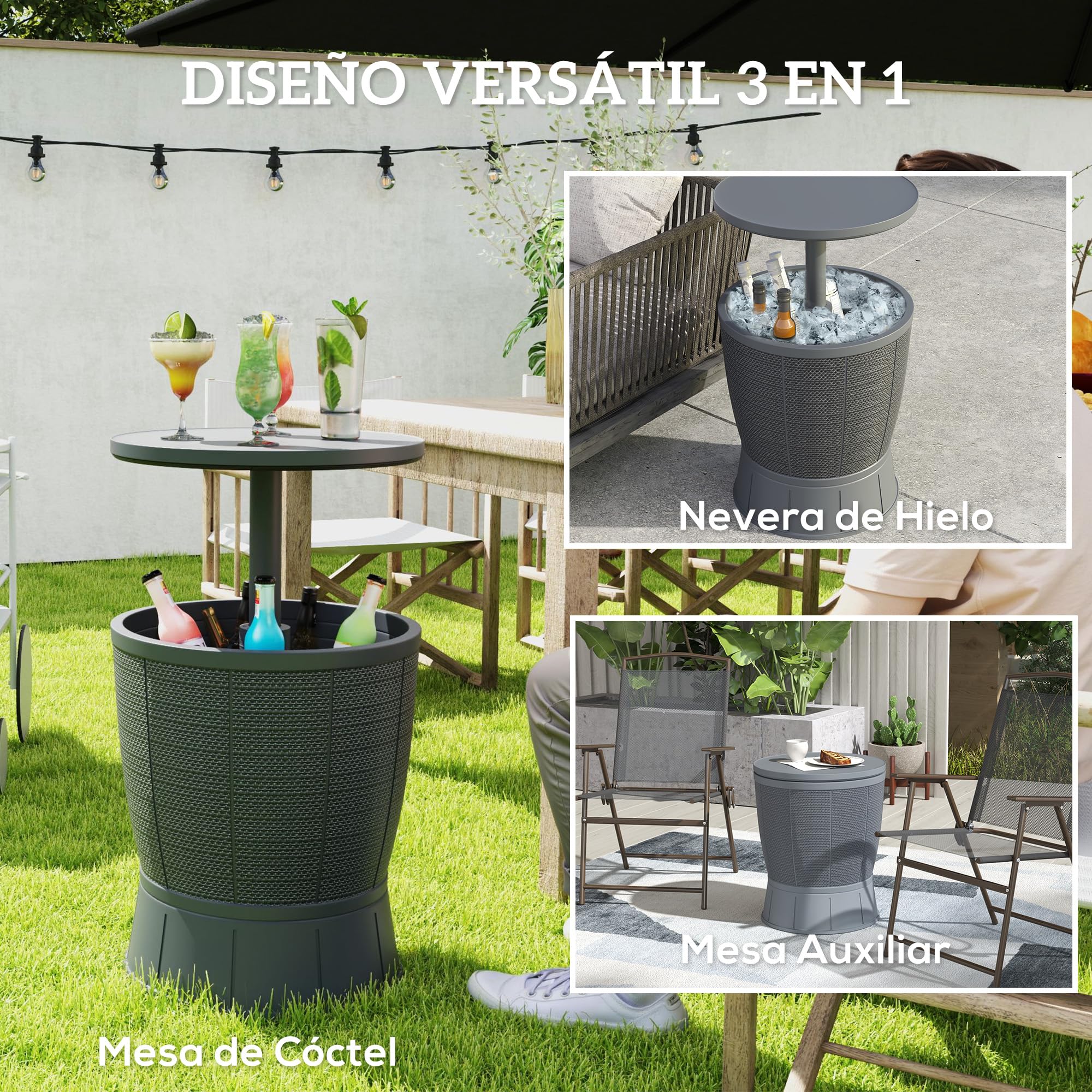 Outsunny Mesa Nevera para Exterior 41 L 3 en 1 Piscina 58-84 cm Gris | Mesa Auxiliar Exterior, Altura Ajustable, Cubo de Hielo, Tapa Superior Elevable, Fiesta, Piscina, Jardín, Patio