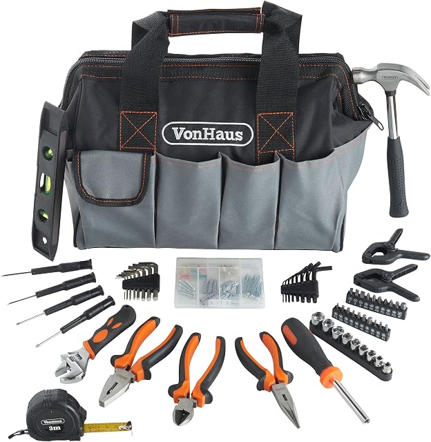 VonHaus Tool Set - 92pcs Tool Kits for Home DIY Tasks - Household Tool Kit for Beginners - Includes Wrench, Hammer, Sockets, Screwdriver and More - Home Tool Kit Set and Durable Carry Bag
