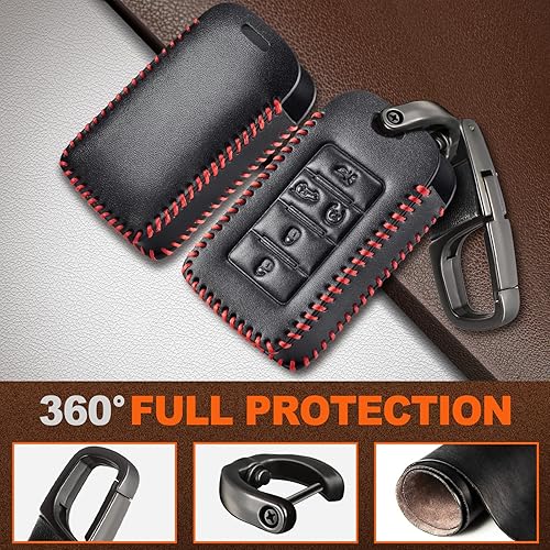 Miniatura 4 de Slohif Accesorios para funda de llavero de cuero para Jeep Grand Cherokee Wagoneer 2022 5 botones funda de cuero anillo en D y gancho negro