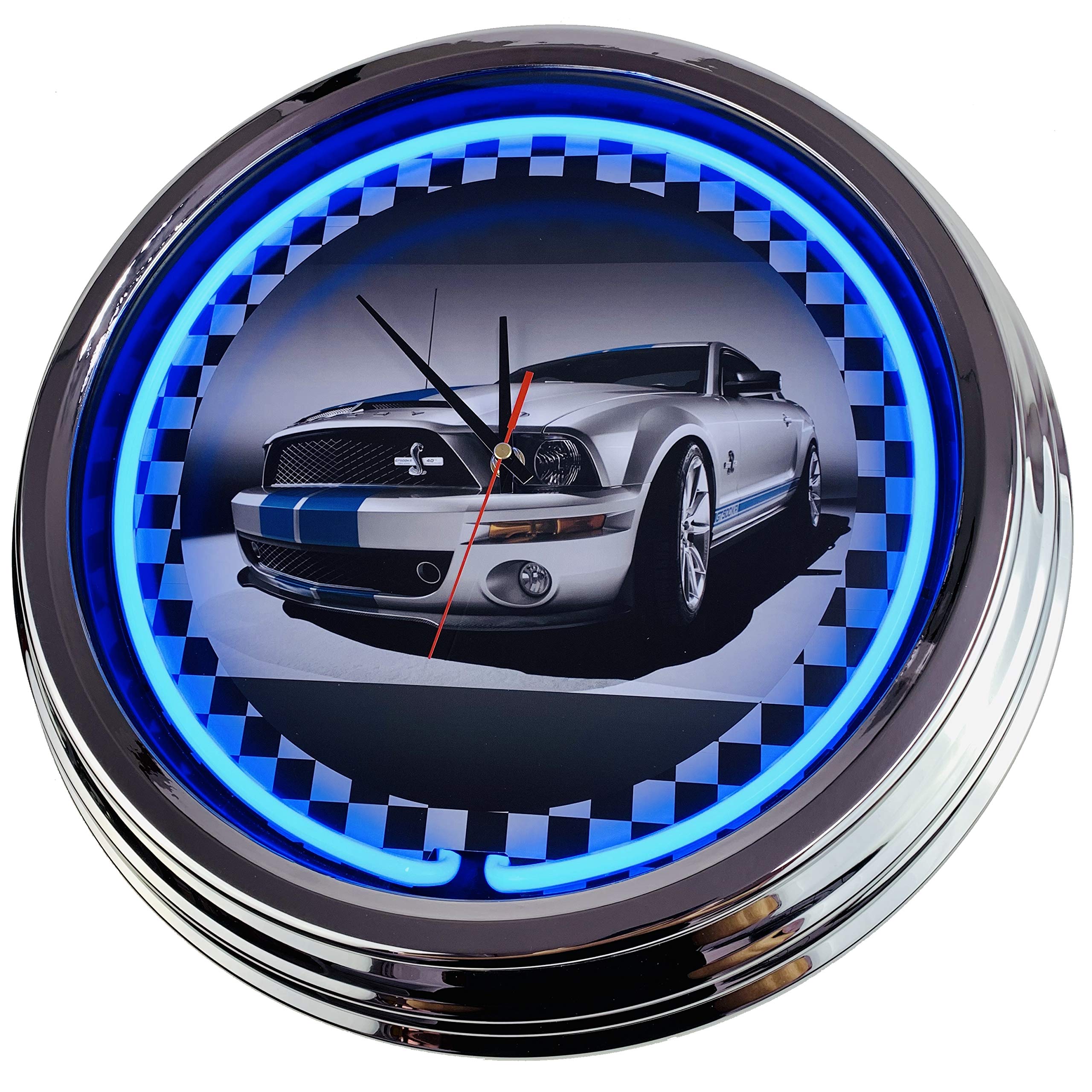 Neon clock "Shelby Mustang" wall clock Deko-clock illuminated clock USA 50's Style Retro neon clock dining room kitchen Living room office (Blau)