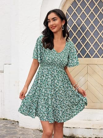 UEAL Womens Floral Smocked V Neck Casual Summer Sun Dresses