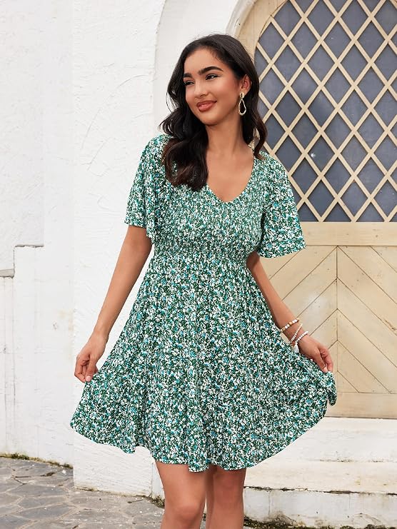 UEAL Womens Floral Smocked V Neck Casual Summer Sun Dresses