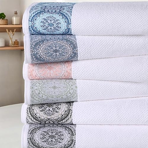 Miniatura 8 de Superior Medallion - Juego de 6 toallas de algodón, absorbentes, texturizadas, de secado rápido, para ducha, básicos de spa, color blanco liso,