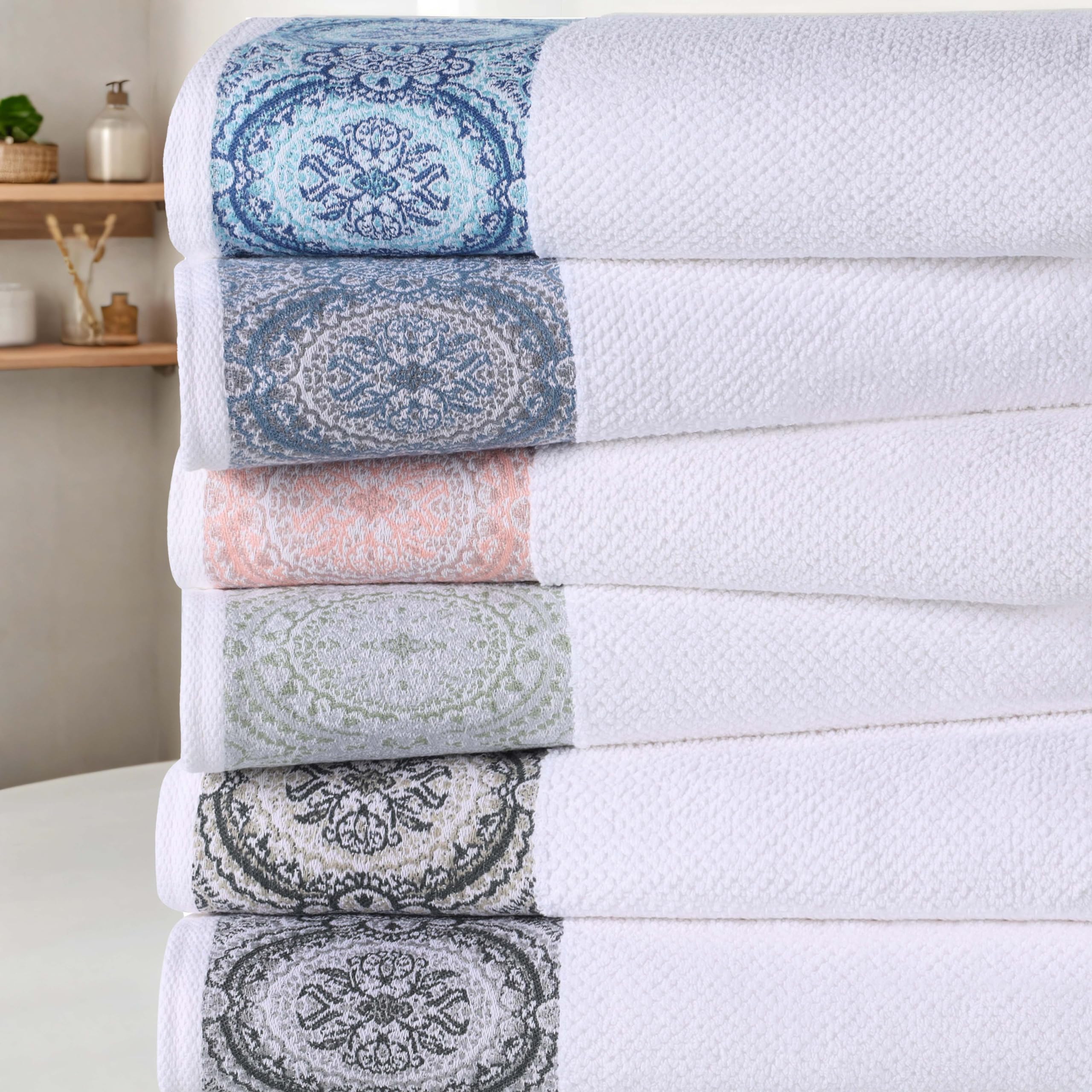 Superior Medallion Lot de 12 débarbouillettes en coton absorbantes, jacquard texturé, séchage rapide, douche, spa, cuisine, essentiels de salle de bain, petites serviettes, blanche-turquoise