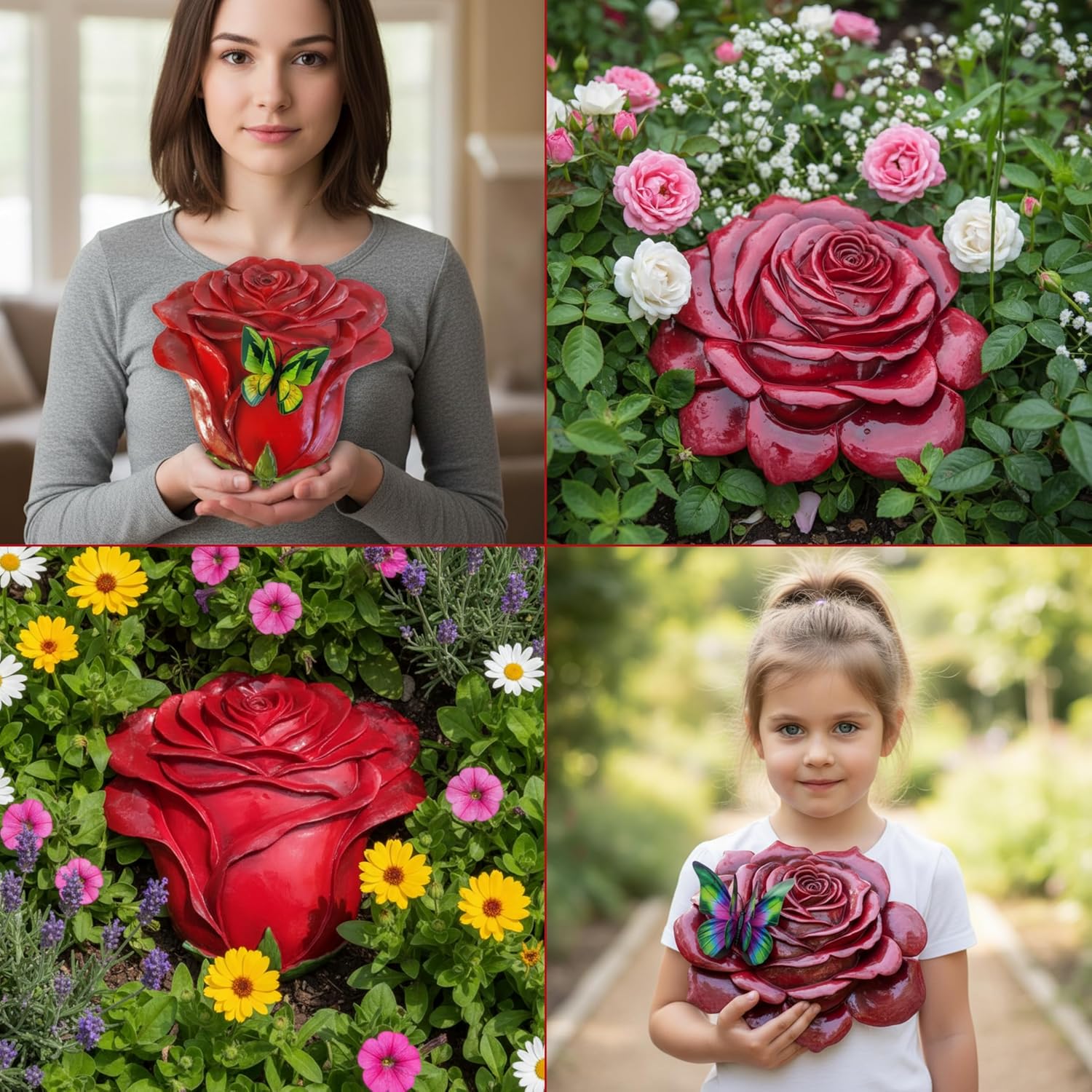 Simulated rose home decor gift - outdoor garden landscape flower stepping stone - rose for mothers, sisters, besties, grandmothers, and maternal grandmothers as a festive gift - 2-piece set, red