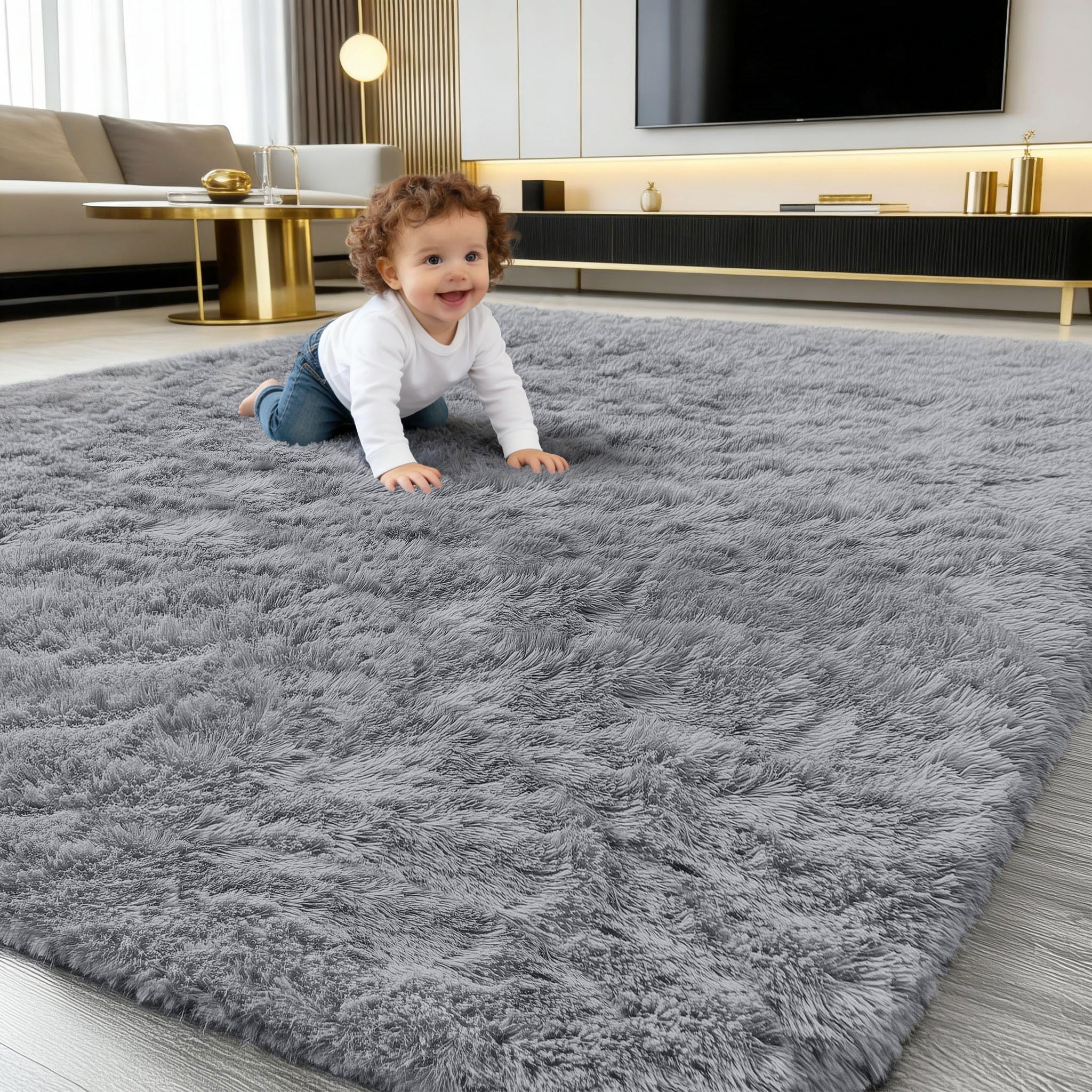 smiry Fluffy High Pile Rugs Living Room, Large Anti Slip Shaggy Soft Carpet, Machine Washable Modern Thick Area Rugs for Bedside, Kids Bedroom - Grey, 200 x 280 cm