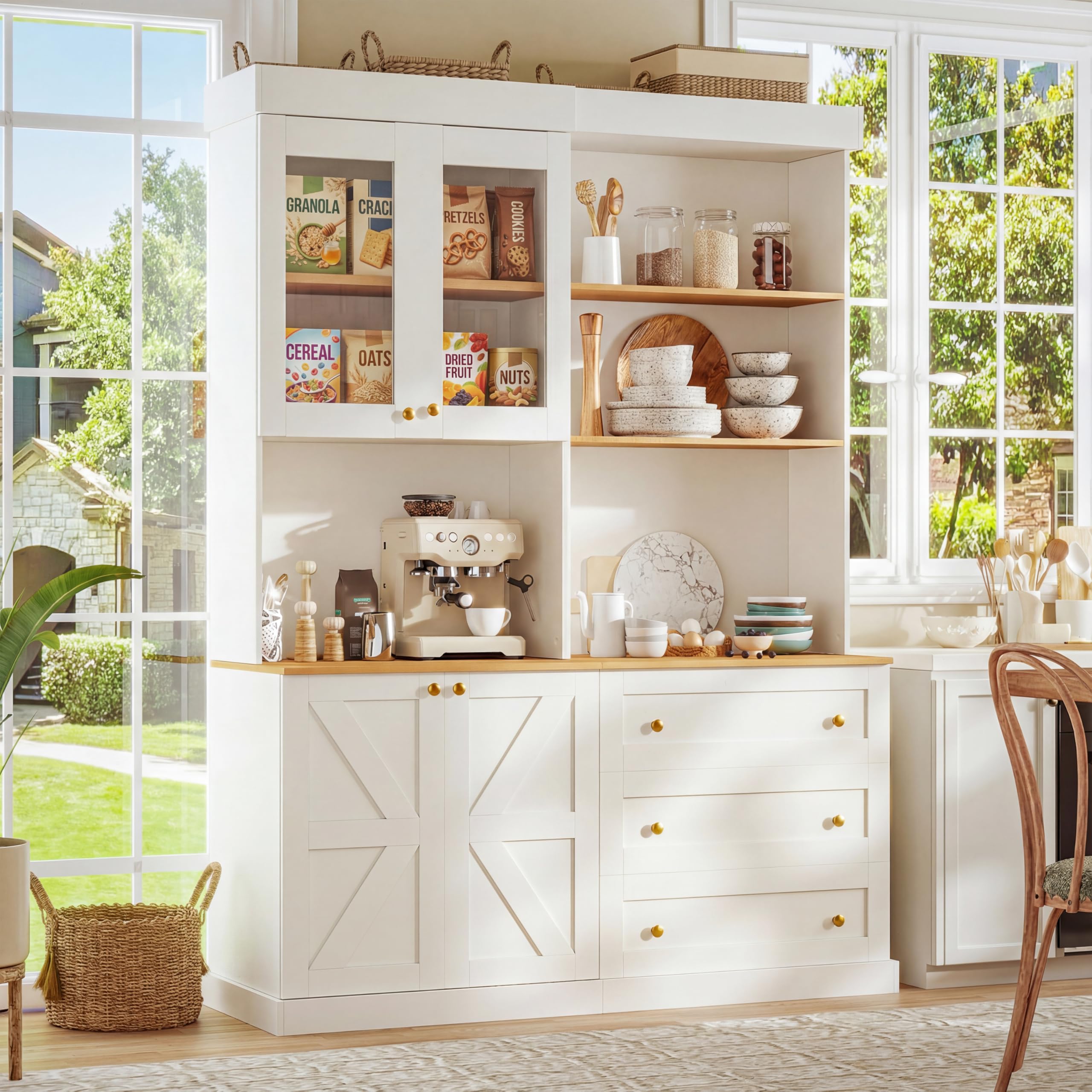 71" Farmhouse Kitchen Pantry Cabinet Set of 2, White Freestanding Coffee Bar Hutch with Glass Doors, Drawers & Adjustable Shelves, Large Storage