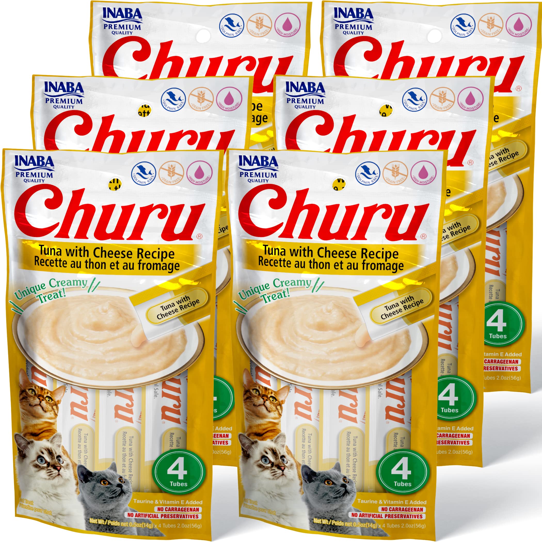 INABA Churu Cat Treats, Grain-Free, Lickable, Squeezable Creamy Purée Cat Treat/Topper with Vitamin E & Taurine, 0.5 Ounces Each Tube, 24 Tubes (4 per Pack), Tuna with Cheese Recipe