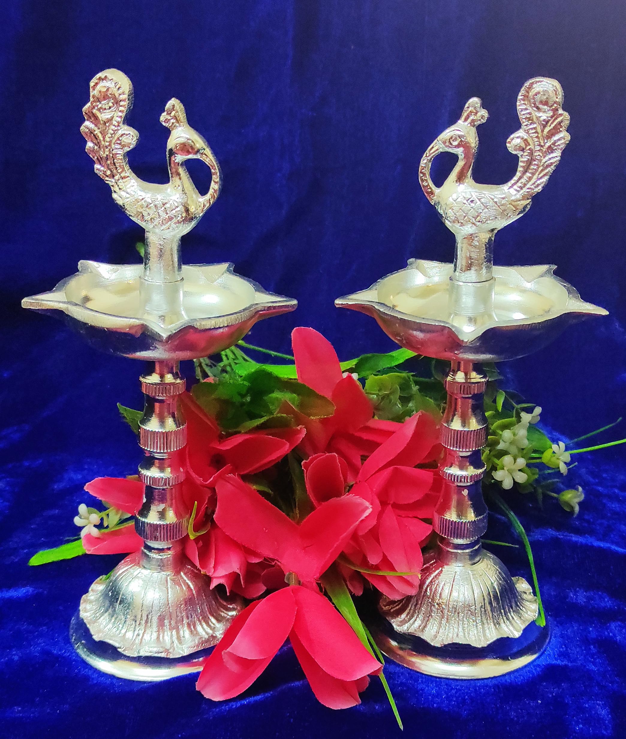 White Metal Diyas & Kuthuvilakku Set - Pooja Room Decor -8