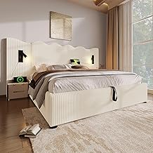 Padded Double Bed 180×200 with Reading Light and USB Type-C Charging, Hydraulic Storage with Solid Wood Slatted Base, Velvet Fabric, Beige (Mattress Not Included)
