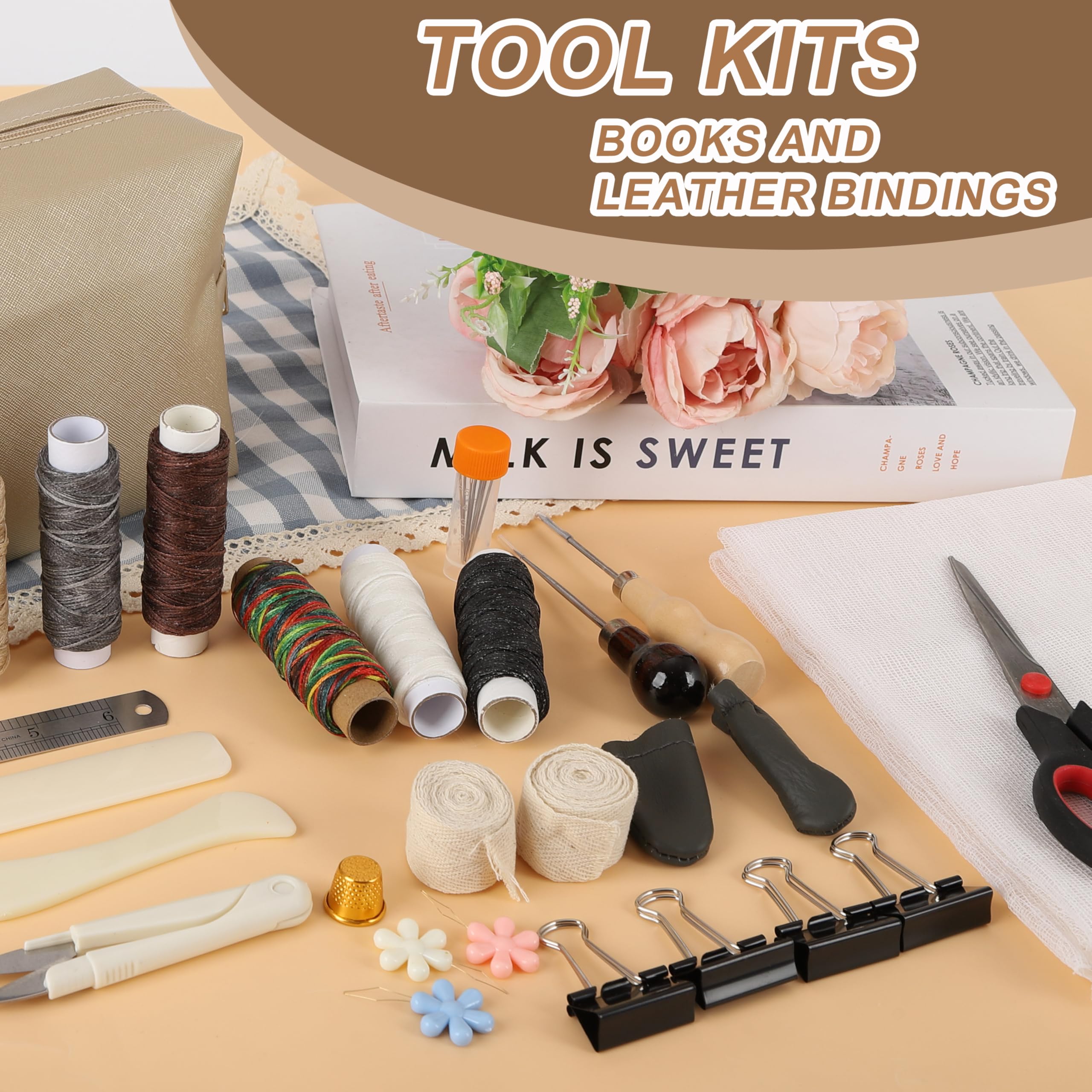 FUXAFU 50 Pcs Book Binding Kits, 13"x7.9" Inch Wooden Book Press，Books Binding Materials, with Bone Folder, Awl, Needles for DIY Bookbinding, BookRepair, Handmade Crafts