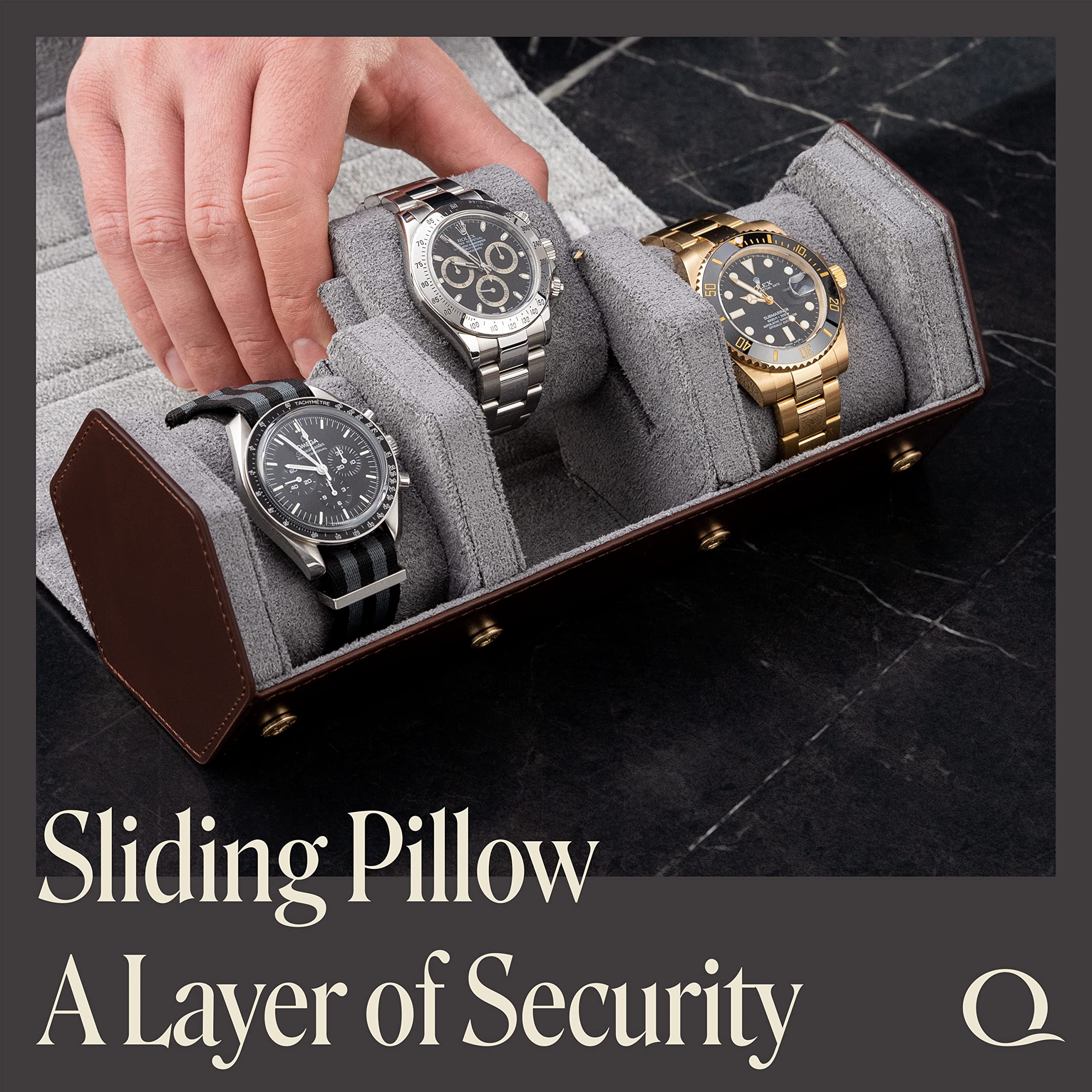 QWATCHBANDS Estuche de viaje de cuero para 3 relojes, marrón/gris