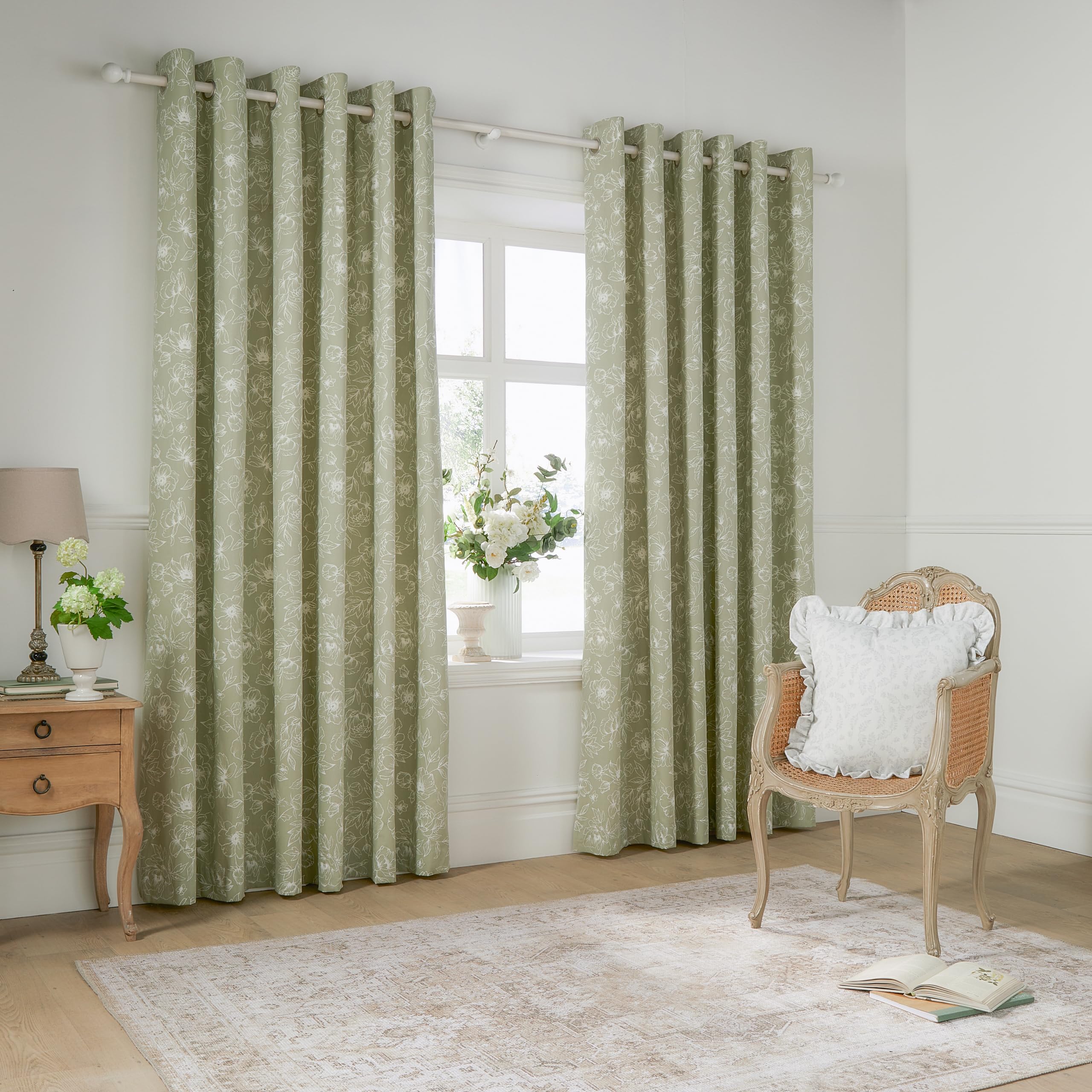 Bella Floral Eyelet Curtains - 100% Cotton - Green - 229cm width x 183cm drop - Wylder