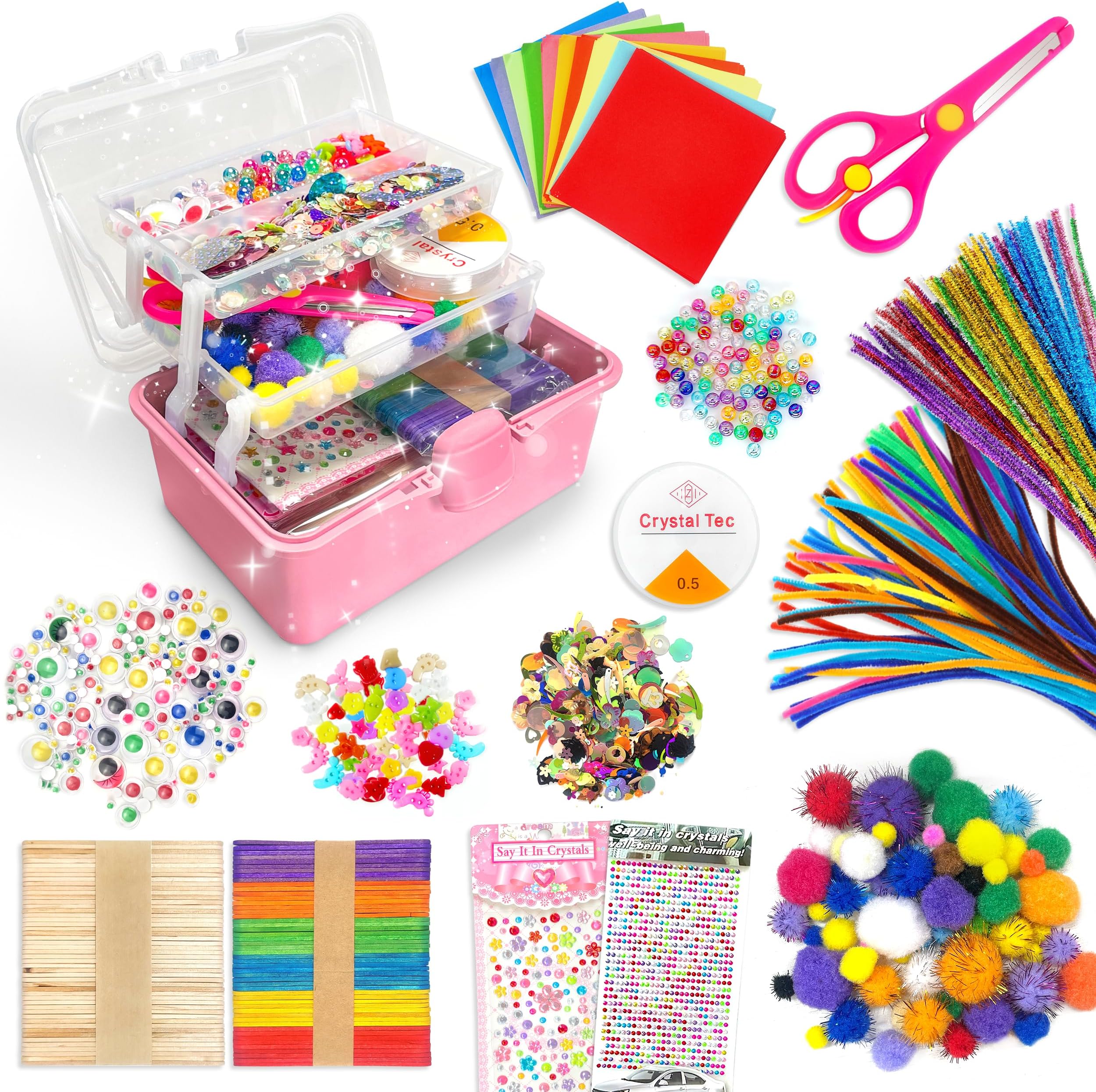 obqo 2500+ Pcs Art & Craft Box for Toddlers, Craft Supplies Included - Pipe Cleaners, Pom Poms, Eyes, Folding Storage Box - All in One for Kids, Pink