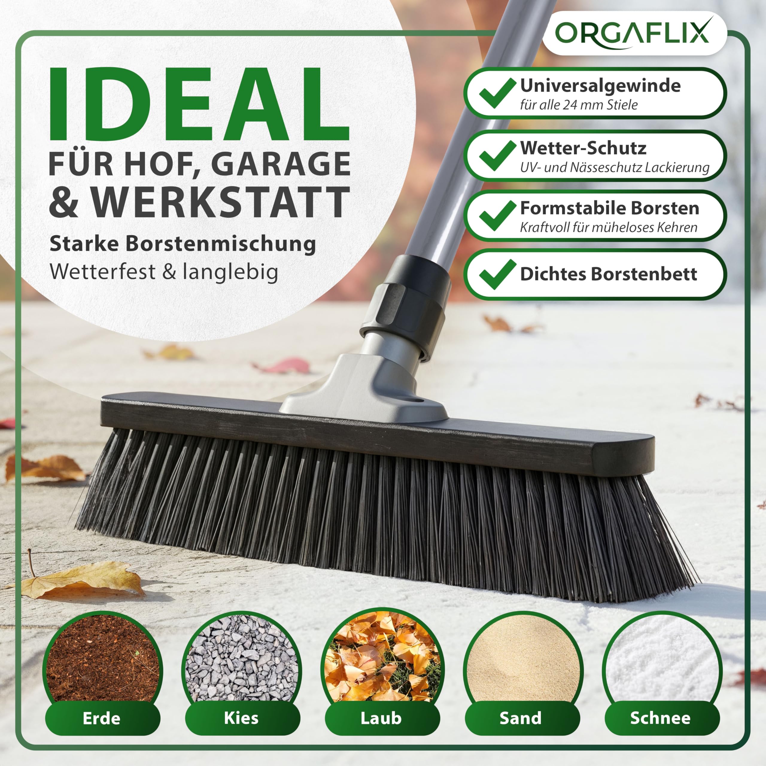 ORGAFLIX Scopa stradale con manico 40 cm, scopa da cortile e terrazza con setole dense in elaston, manico regolabile 60-130 cm, robusta e durevole, made in Germany & Italy