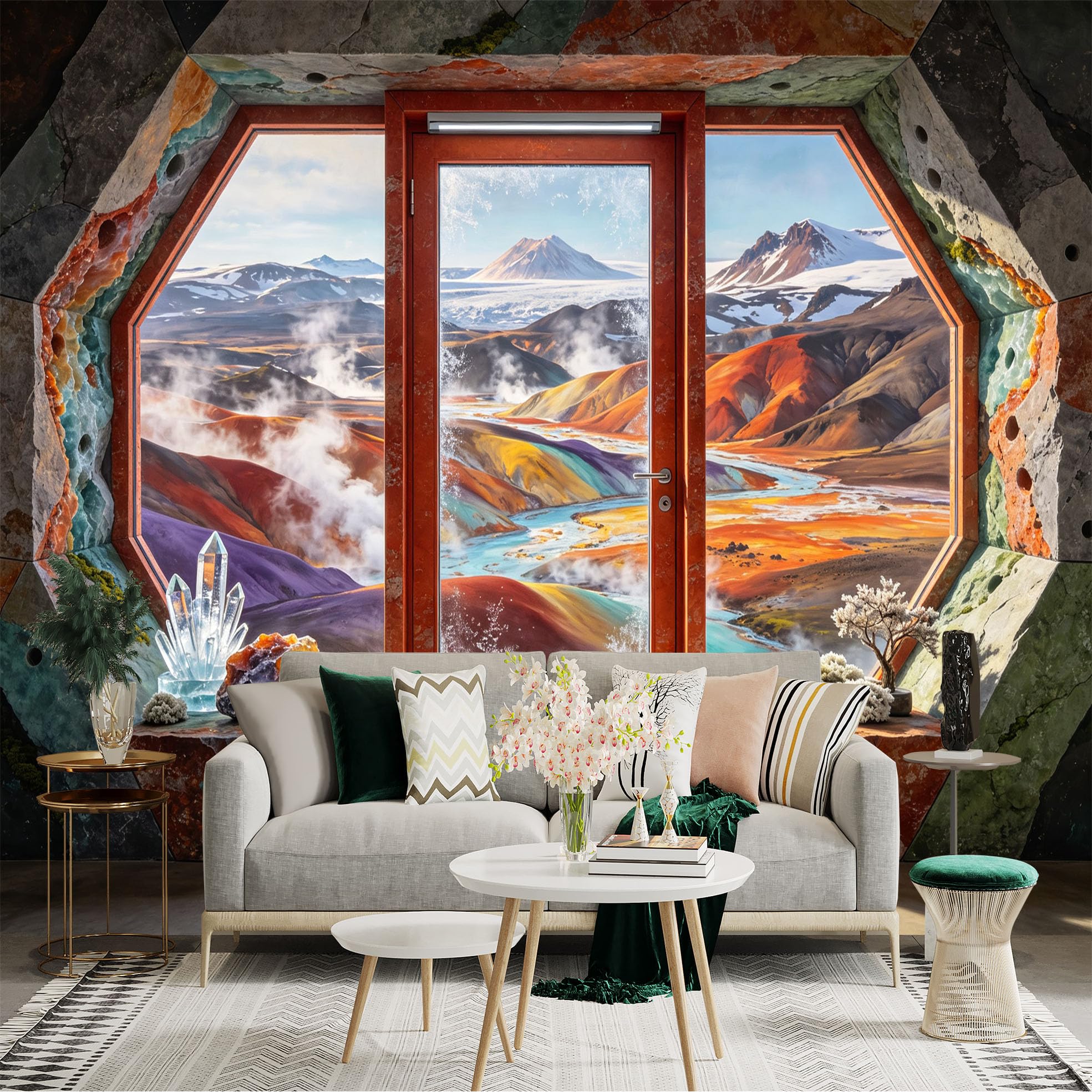 Custom Size Wall Sticker Mural， Colorful Mountain Valley， Scenic River Landscape， Crystal Cave View， for wall Decoration， peelandstick wall Decals.