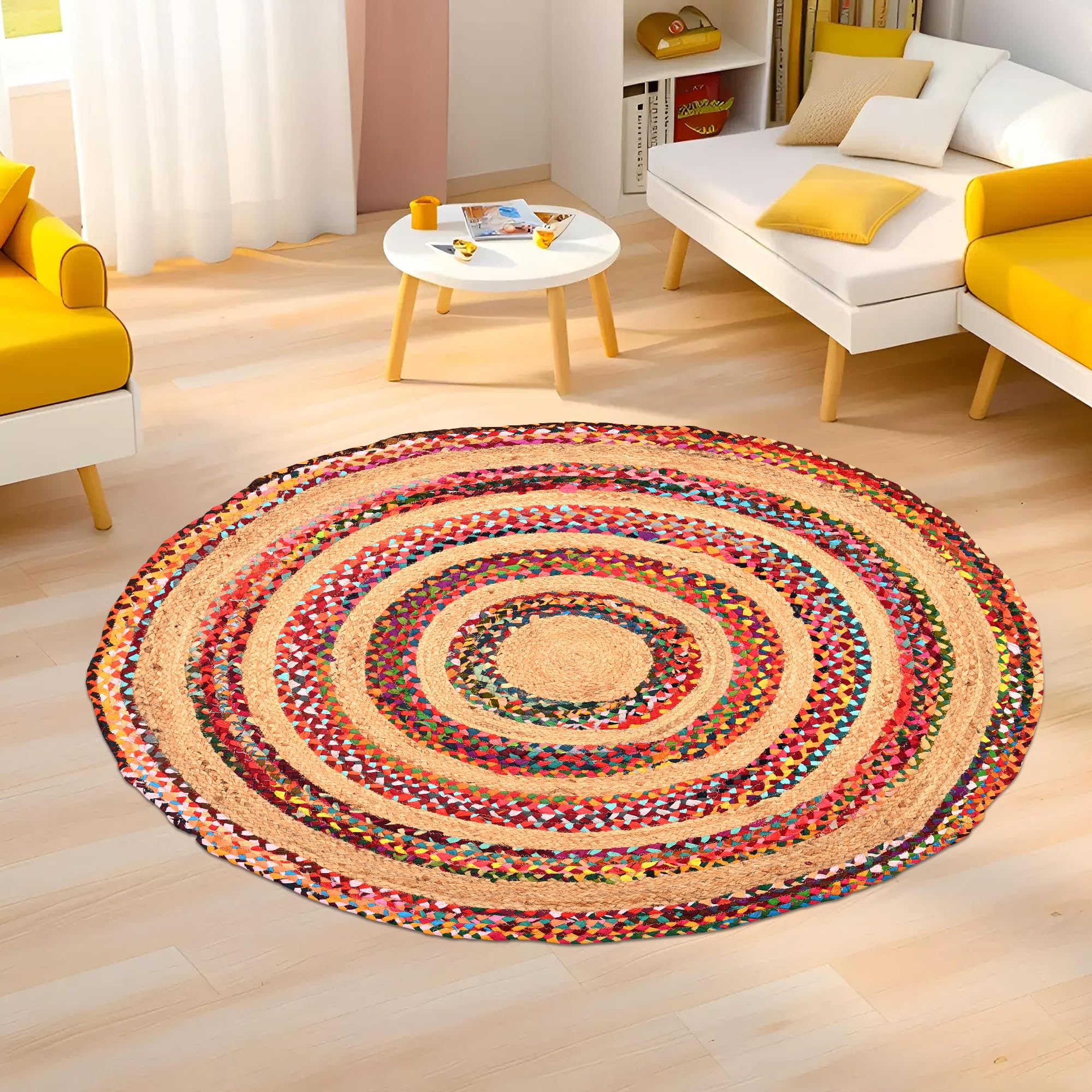 Kuber Industries 4x4 Feet Satranji Round Jute Rug & Carpet for Home & Bedroom | Non-Slip Floor Rugs for Living Room | Thick Lines - Beige (B0DF5C5QVK) Amazon Price History, Amazon Price Tracker