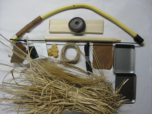 Primitive Progression Bow Drill Friction Fire Set (osage bow, stone handhold, coal catcher, paracord strings)