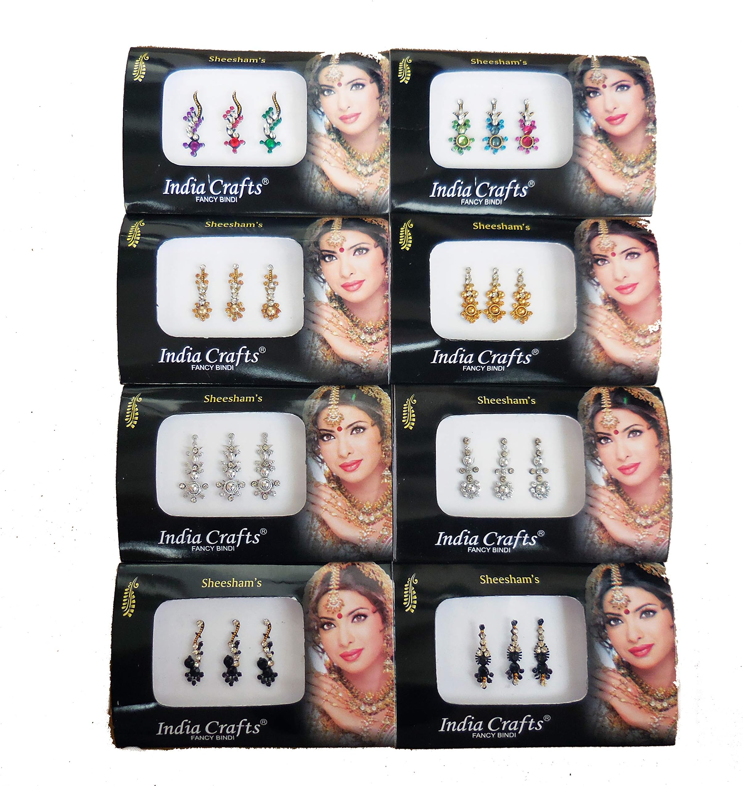 8 Combo Bindi Packs Silver/Gold/Black/Multicolored Face Jewels Bollywood tika