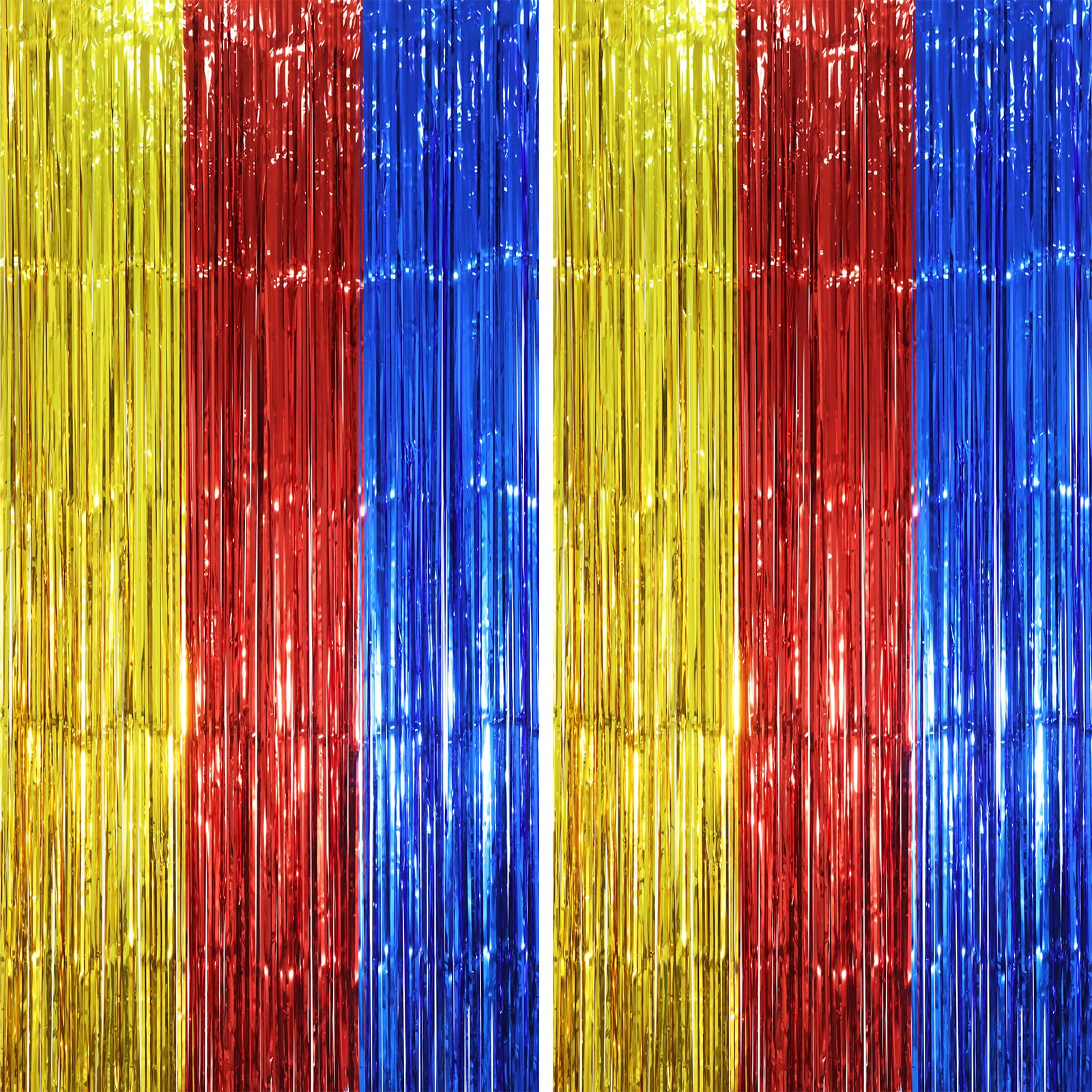 Voircoloria Blue Red Gold Foil Fringe Backdrop Curtains,3.3x6.6ft, 2 Pack | Tinsel Streamers, Door Shimmer, For Baby Shower, Birthday Party Decorations, Graduations