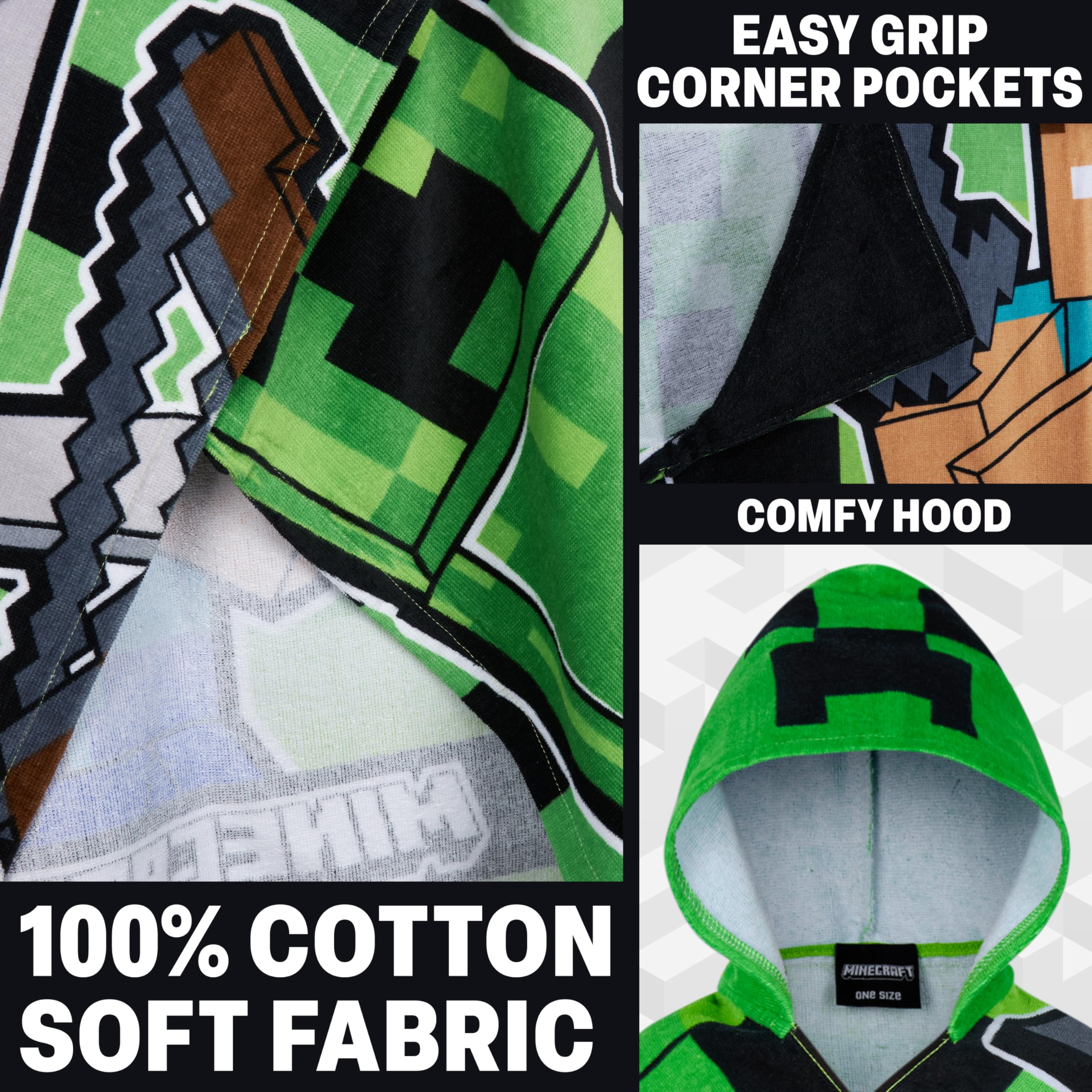 Minecraft Asciugamani Bagno con Cappuccio Asciugamano Doccia Ragazzi Creeper Accappatoio Poncho Bambino Telo Mare Bambini Idee Regalo (Verde/Nero, 6-14 Anni)