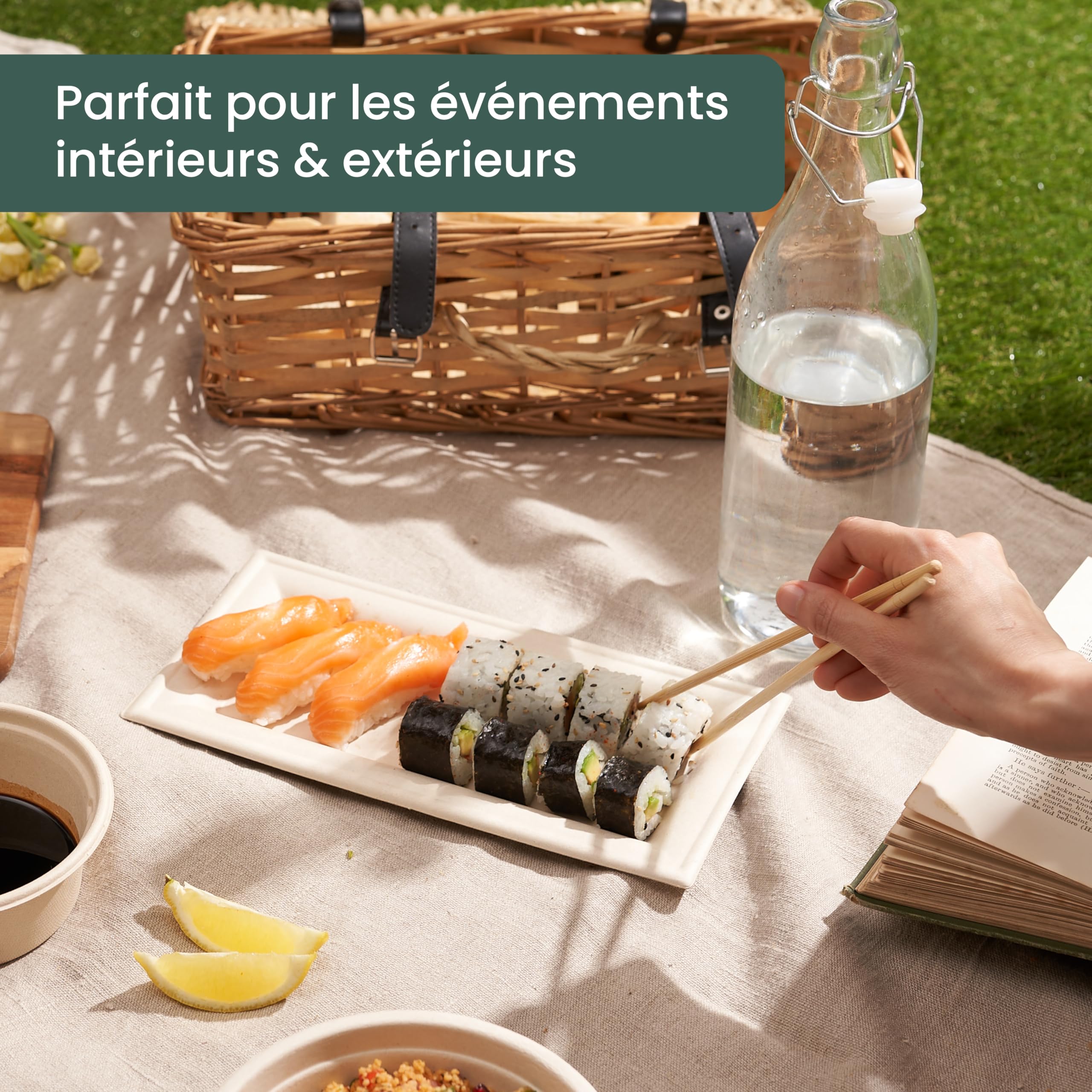 HAAGO 100 Plateaux Jetables en Canne à Sucre (26 x 12 cm) – Assiettes Rectangulaires en Bagasse – Solides & Rigides, Anti-Graisse & Anti-Fuites – Pour Canapés, Brochettes, Buffet, BBQ & Traiteur