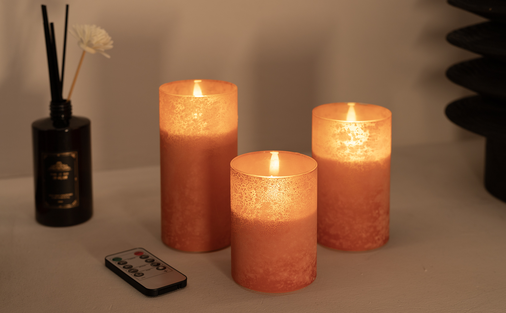 Image of Flameless Candles with Remote Orange Glass LED Pillar Candles Set of 3 | Realistic Wax Flame Effect, 2 /4 /6 /8H Timer, Battery Operated, Soft Ambient Glow for Home, Wedding & Holiday Decor