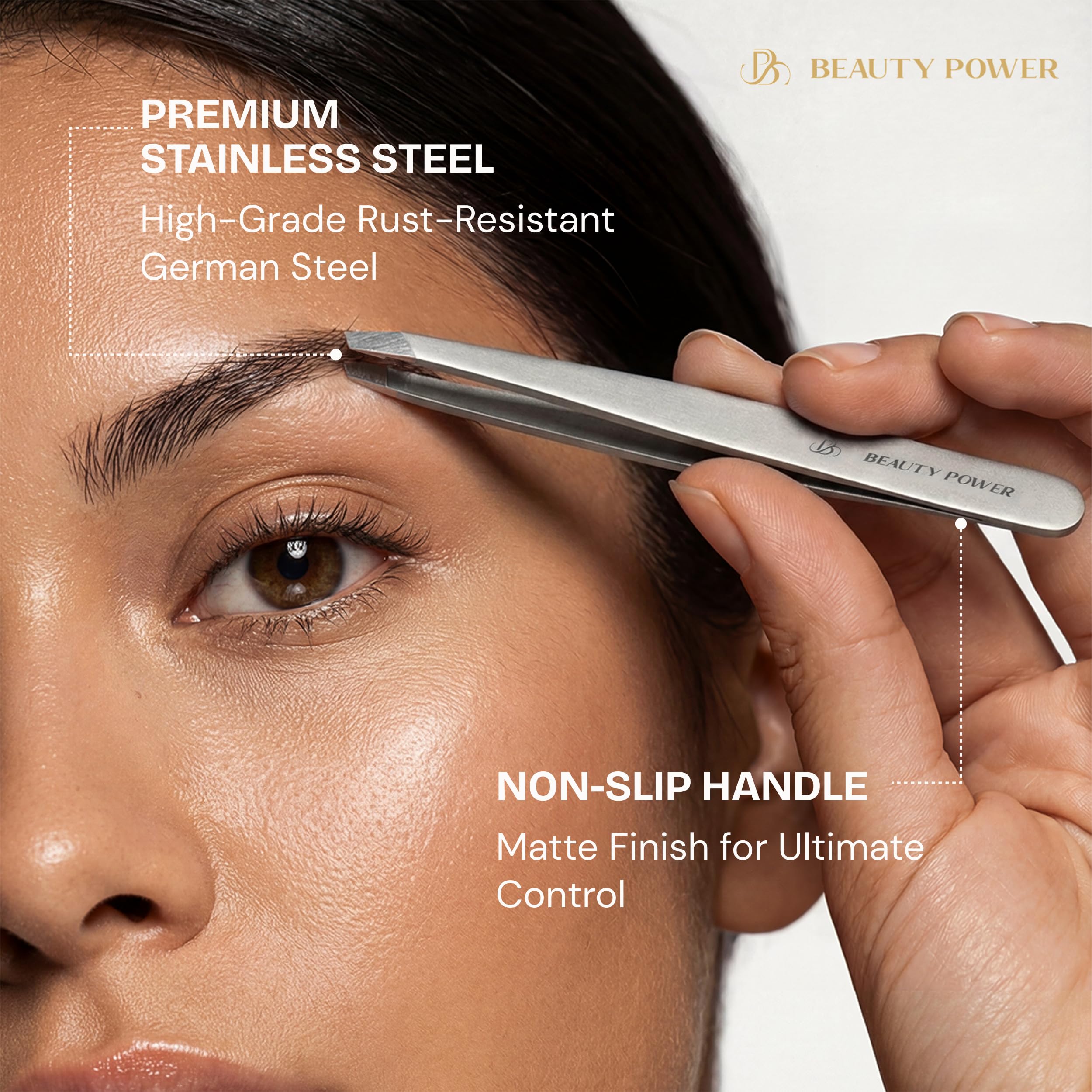 Beauty Power Pinzas profesionales, inclinadas, duraderas, ligeras, de acero inoxidable alemán, pinzas de ultra precisión para cejas, vello facial, barbilla y depilación encarnada (gris mate)