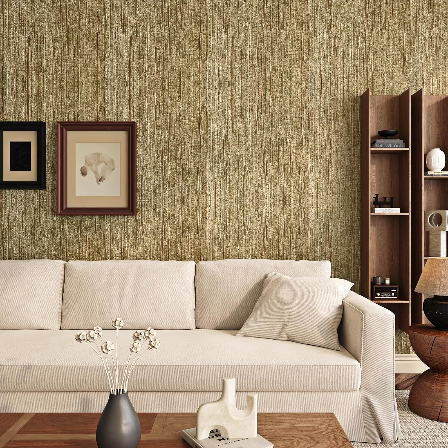 FunStick 24"x200" Gold Textured Wallpaper Peel and Stick Grasscloth Wallpaper Rolls for Walls Texture Removable Contact Paper Renter Friendly Self Adhesive Wallpaper for Bathroom Living Room Furniture