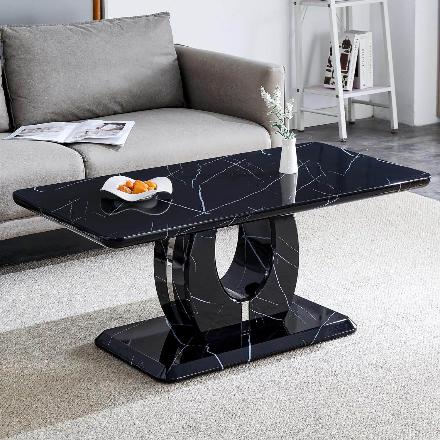 43.3 Inch Faux Marble Coffee Table, Large Modern Coffee Tables for Living Room, Rectangular Center Table Tea Table Accent Furniture, Black Marble-Looking Desktop
