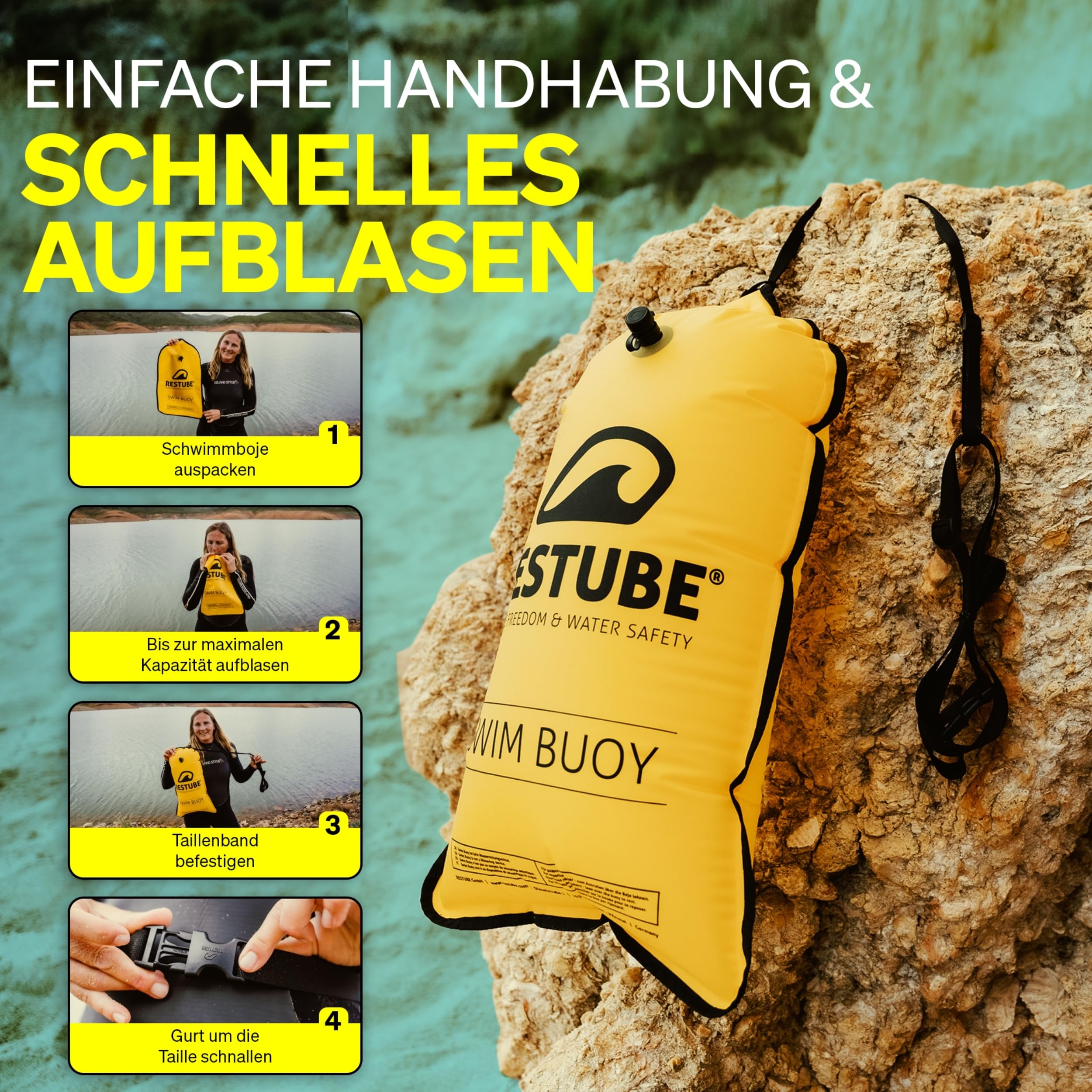 Restube Schwimmboje - Aufblasbare Schwimmhilfe für Schwimmen, Schnorcheln, Triathlon, SUP, Freiwasserschwimmen und Wildschwimmen - Kompakte gut sichtbare Boje Swimming Buoy für Kinder und Erwachsene