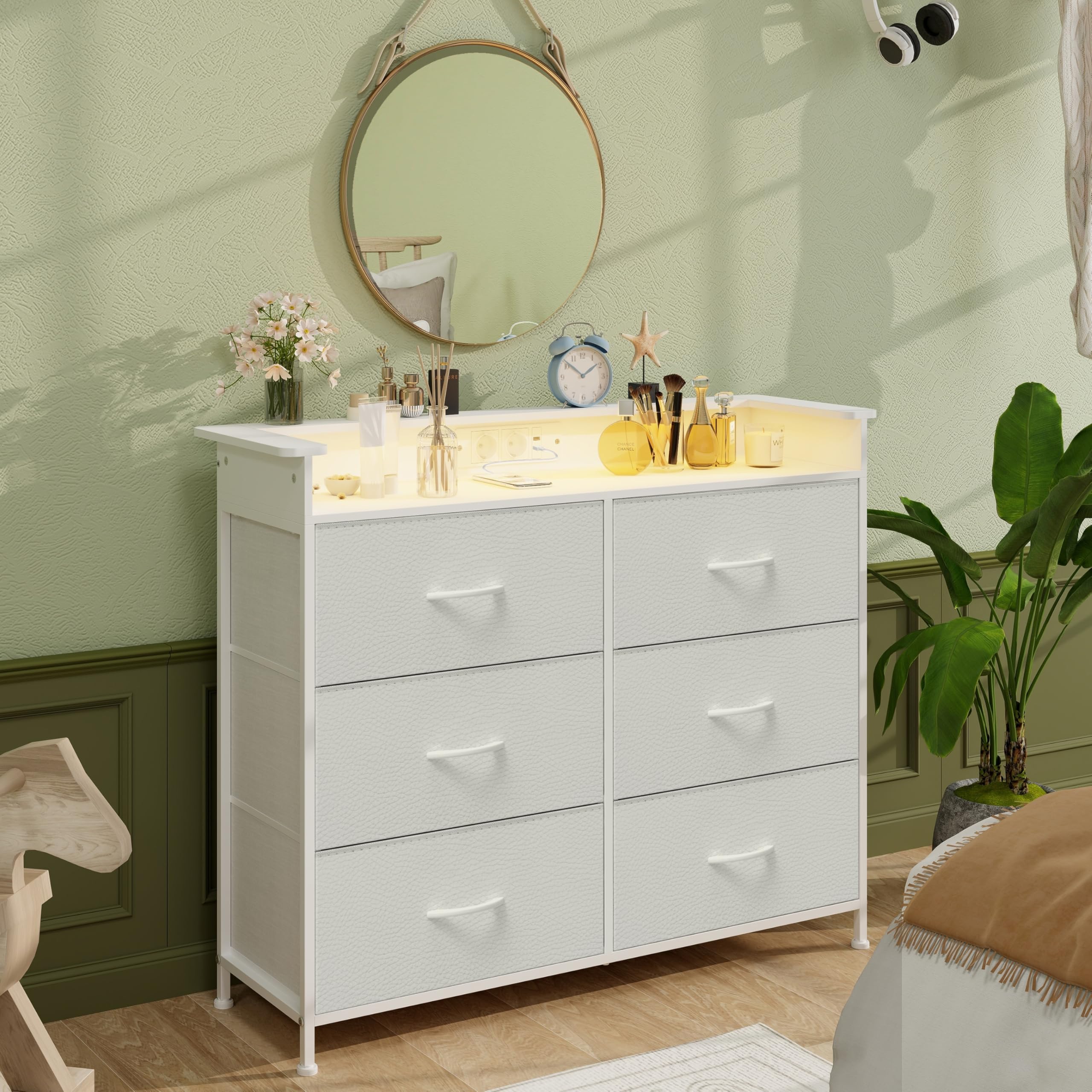 VEDECASA Cassettiera con 6 cassetti e illuminazione a LED, cassettiera con 2 porte USB e 2 prese AC, torre portaoggetti con armadio per camera da letto, soggiorno e corridoio, telaio in metallo