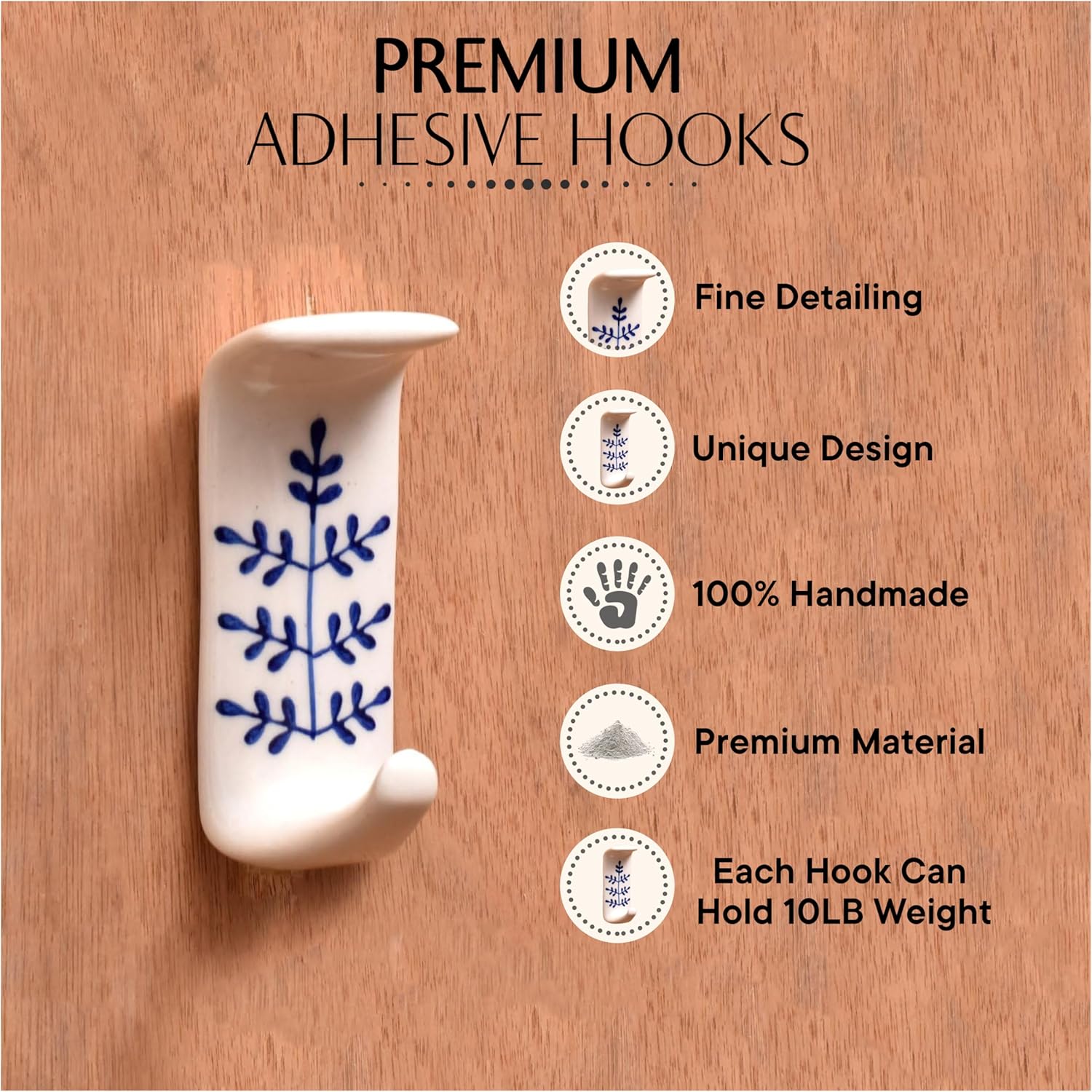 Indian Shelf 3 Pack Ceramic Boho Adhesive Wall Hooks Decorative Heavy Duty No Nail Sticky Hooks for Hanging Towels Hats Keys and Kitchen Use