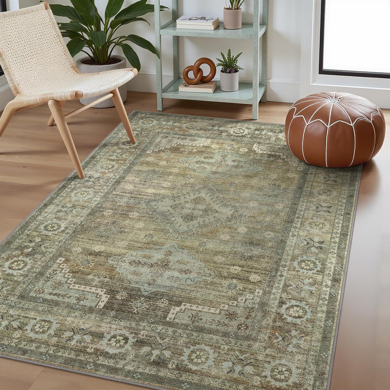 GENIMO Tapis Salon Vintage Style Persan, Moquette Lavable en Machine avec Dessous Antidérapant, Tapis Décoratif pour Chambre, Cuisine, Entrée et Maison, Vert,120x170CM