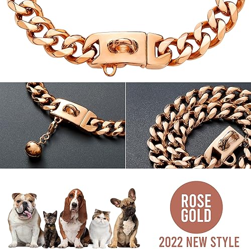 Miniatura 7 de Collar de perro con cadena de oro rosa de 0.394 pulgadas, collar de perro de eslabones cubanos de oro de 18 quilates con hebilla de presión segura,