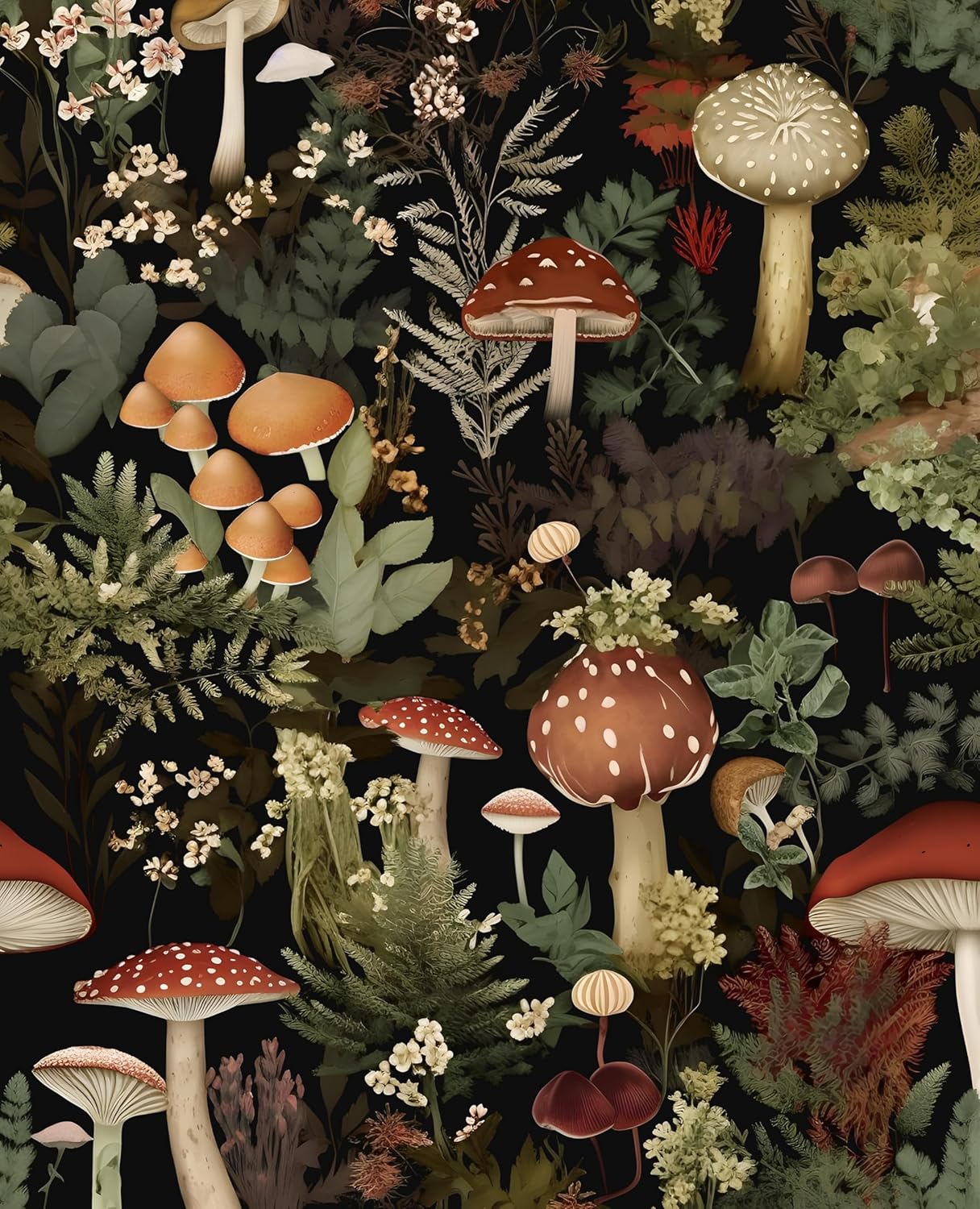 Dark Green Forest Wallpaper Peel and Stick, Brown Mushrooms Contact Paper 17.5" x 393.7", Vintage Floral Wall Paper Self Adhesive Removable Waterproof for room Walls Shelves Cabinet Drawer Table Decor