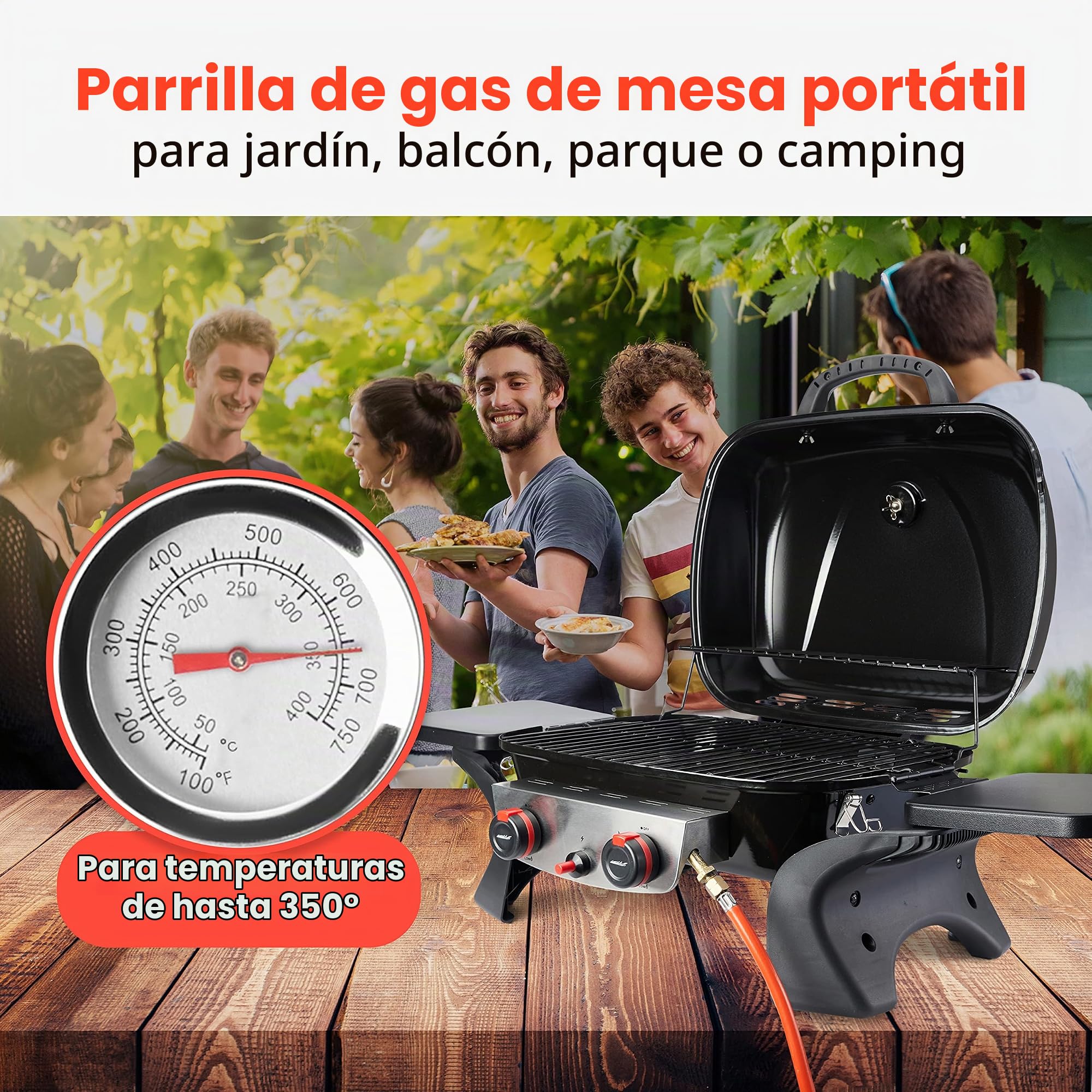 Barbacoa de gas ProfiCook® con 2 quemadores de acero inoxidable, barbacoa de mesa, barbacoa con robusto capó metálico e indicador de temperatura,barbacoa de gas pequeña para balcón/camping- PC GG 1261