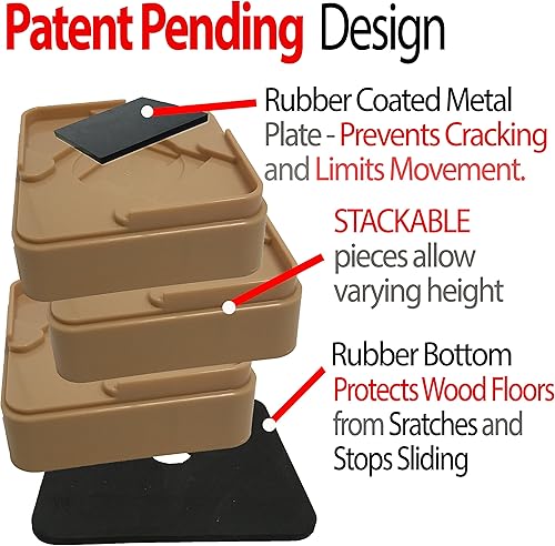 Miniatura 2 de iPrimio Elevadores de cama apilables, se adaptan a ruedas giratorias, cuadrados, resistentes, paquete de 8 unidades, bloques de elevación de cama,