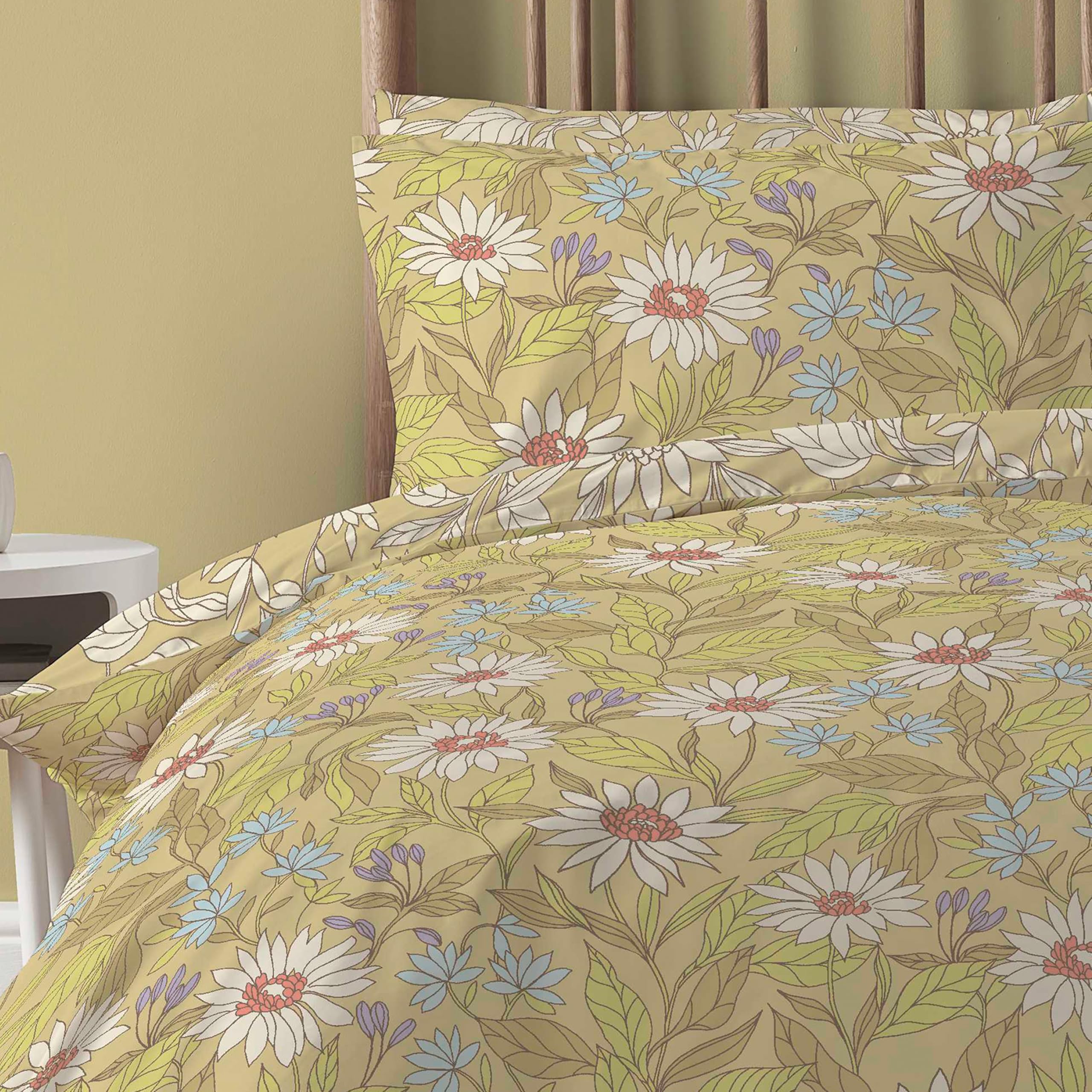 Olivia Rocco Elinor Set Copripiumino King Size In Cotone E Poliestere, Colore Ocra, Con Federe Incluse - Stampa Floreale, Morbido E Traspirante