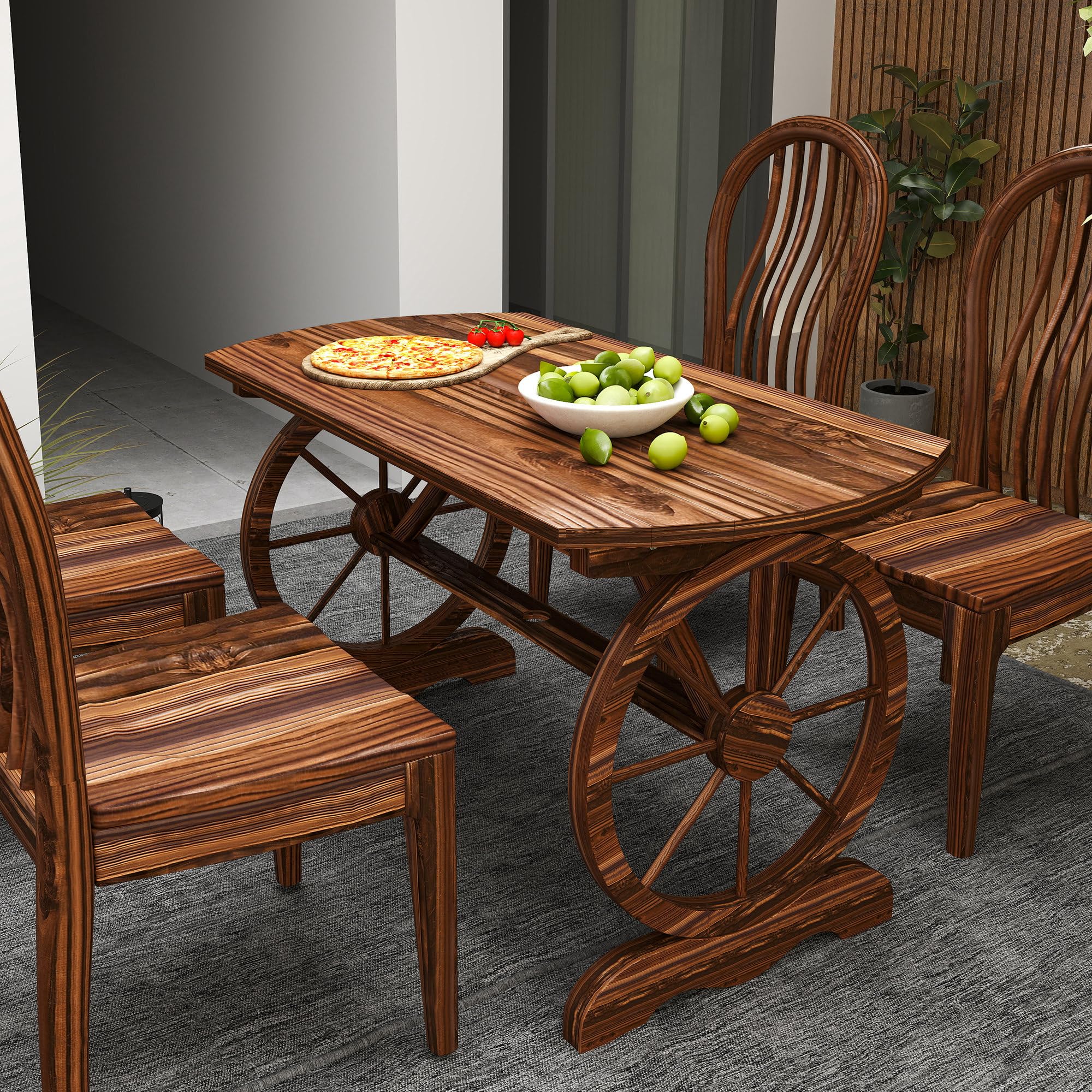 Outsunny Mesa de Jardín de Madera Mesa de Terraza Exterior 120x63x70 cm con Patas en Forma de Rueda Orificio para Sombrilla y Diseño de Listones Carga 50 kg para Patio Madera Carbonizada