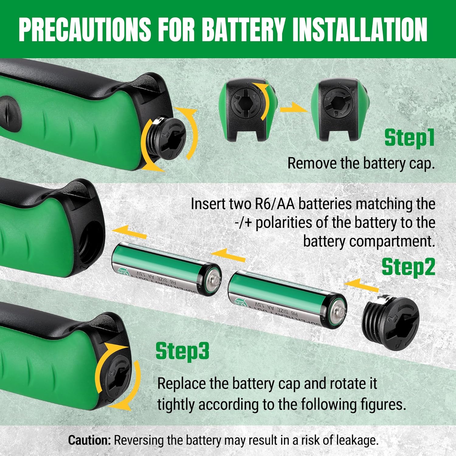 Three-step diagram illustrating how to install AA batteries into the SK Digital Torque Wrench, showing removal of cap, insertion of batteries with correct polarity, and re-securing the cap.